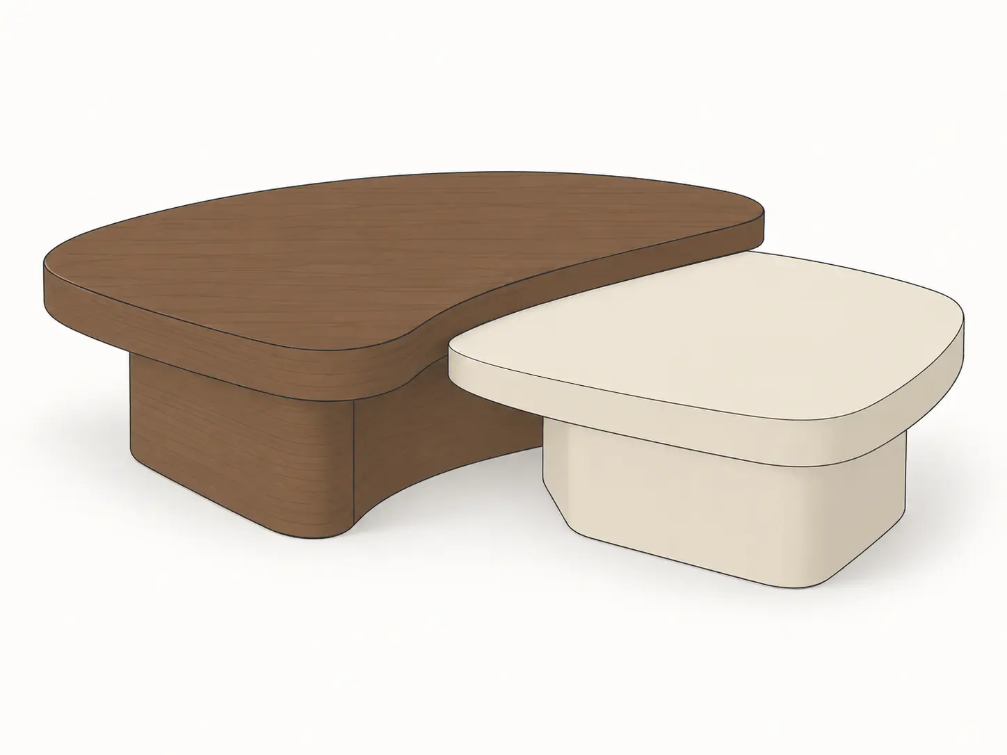 Original sketch — Two-piece coffee table model transformed into a photorealistic furniture render with dark walnut and light stone finishes
