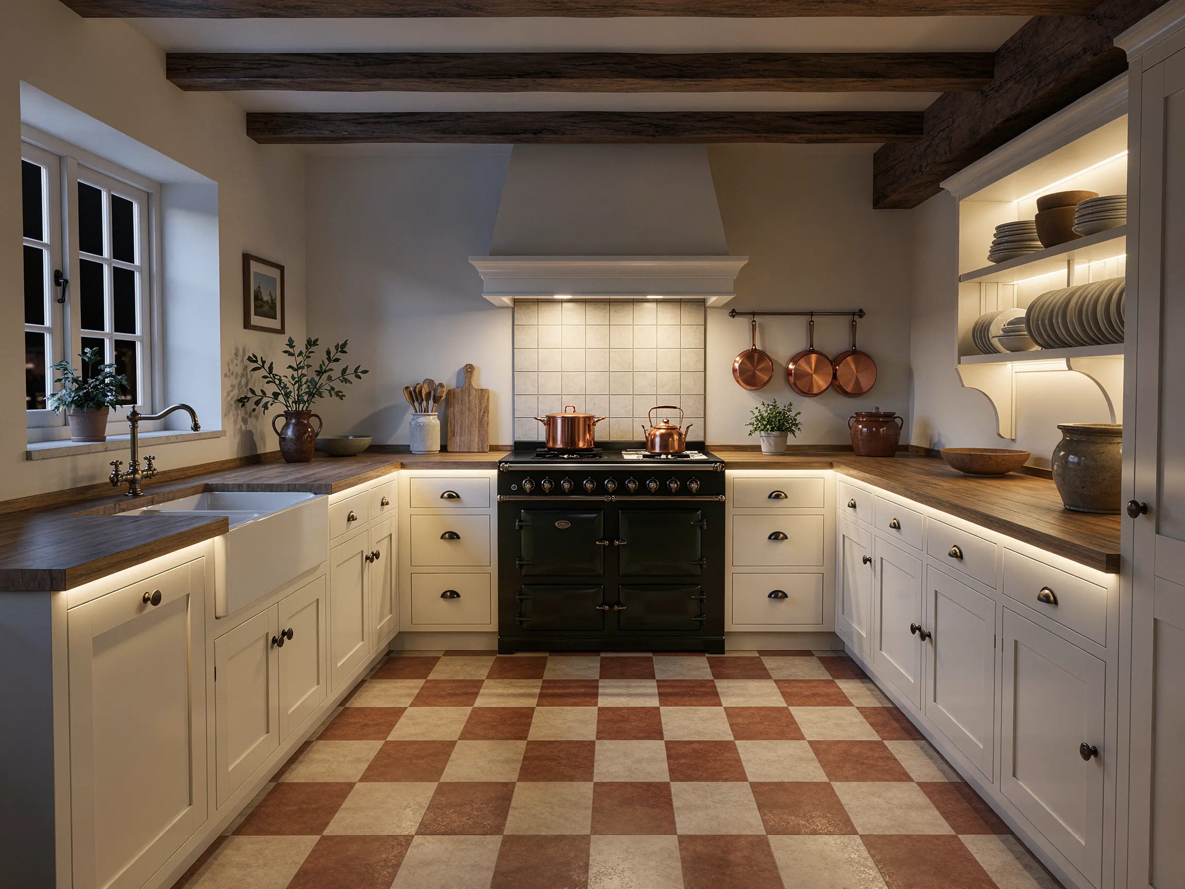 Rustic farmhouse kitchen render with exposed timber beams, cream cabinetry and a classic range cooker