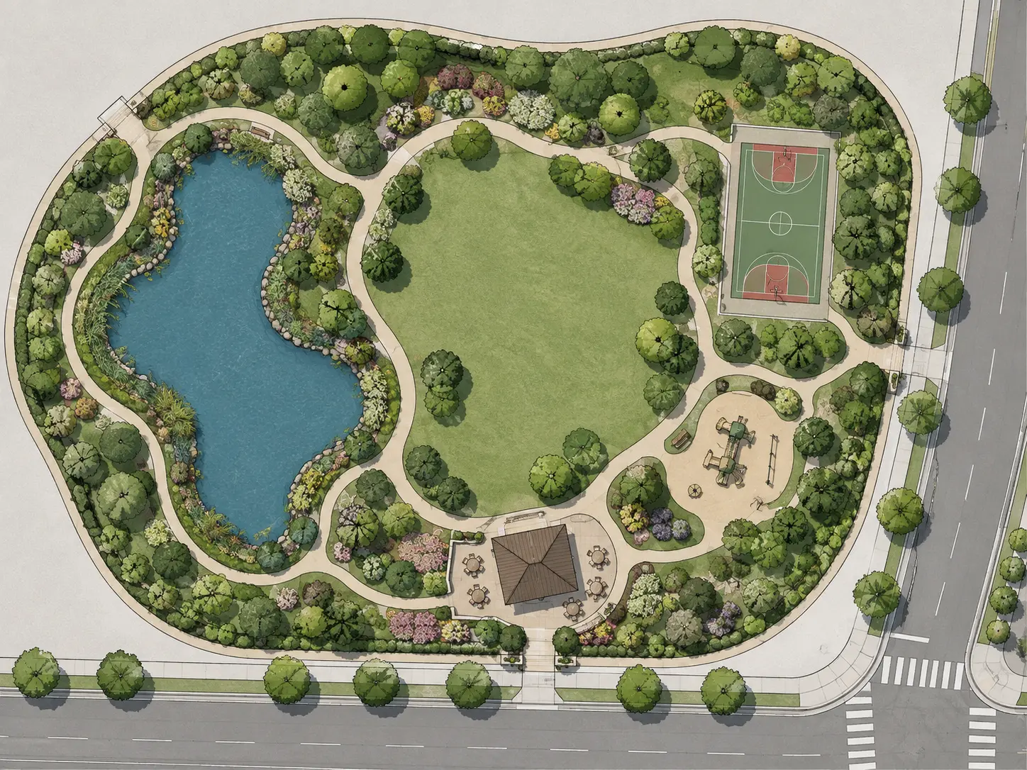 Original sketch — Community park plan transformed into a polished aerial landscape render with pond, lawn and sports court