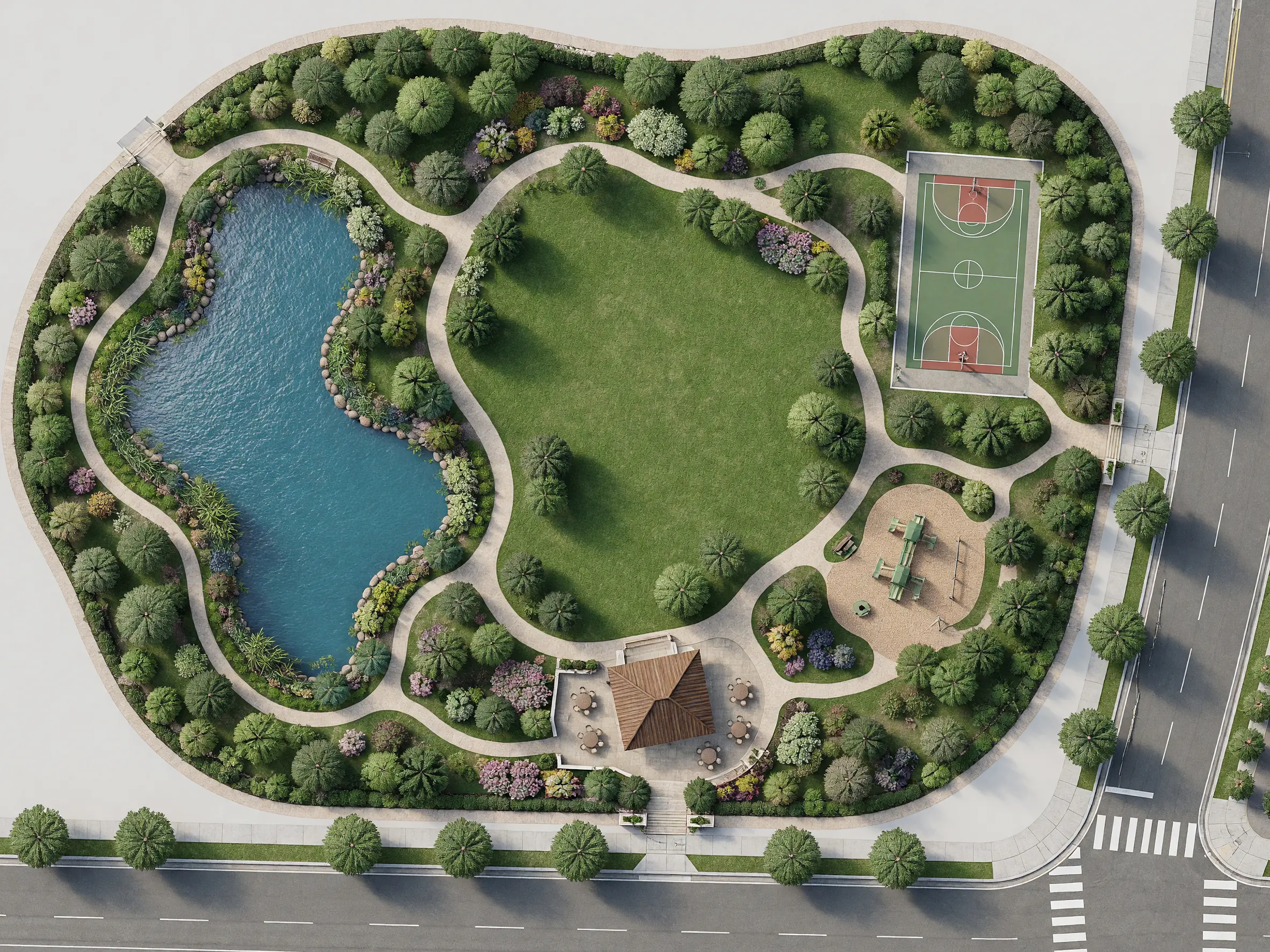 Community park plan transformed into a polished aerial landscape render with pond, lawn and sports court