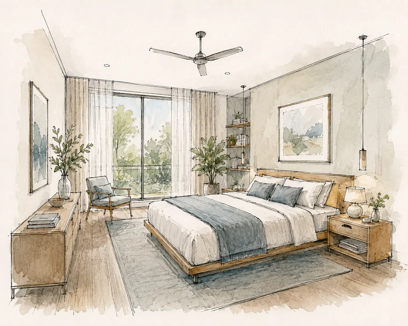 Original sketch — Watercolor bedroom sketch converted into a realistic interior render while preserving the original design direction