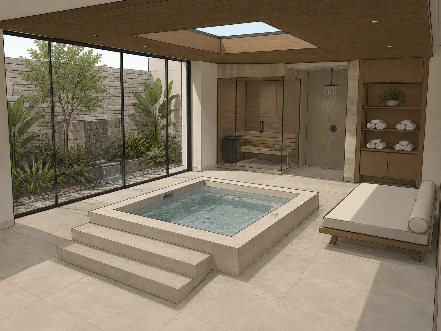 Original sketch — Indoor spa model transformed into a photorealistic wellness render with a plunge pool, timber sauna, skylight and landscaped courtyard