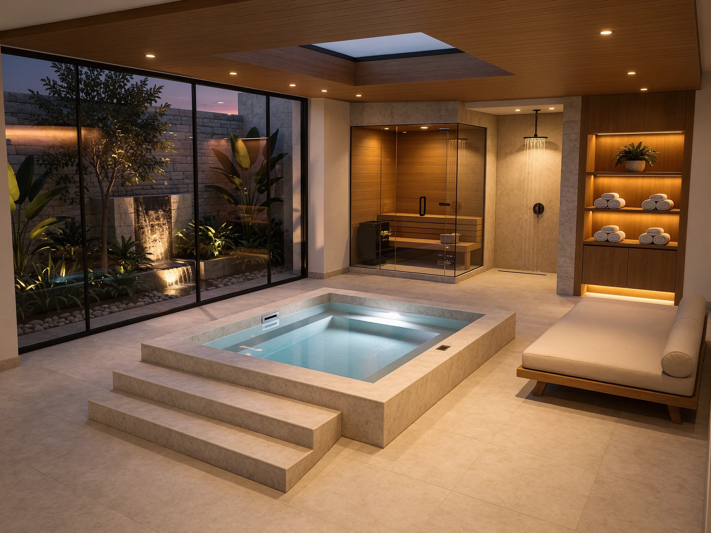 Indoor spa model transformed into a photorealistic wellness render with a plunge pool, timber sauna, skylight and landscaped courtyard
