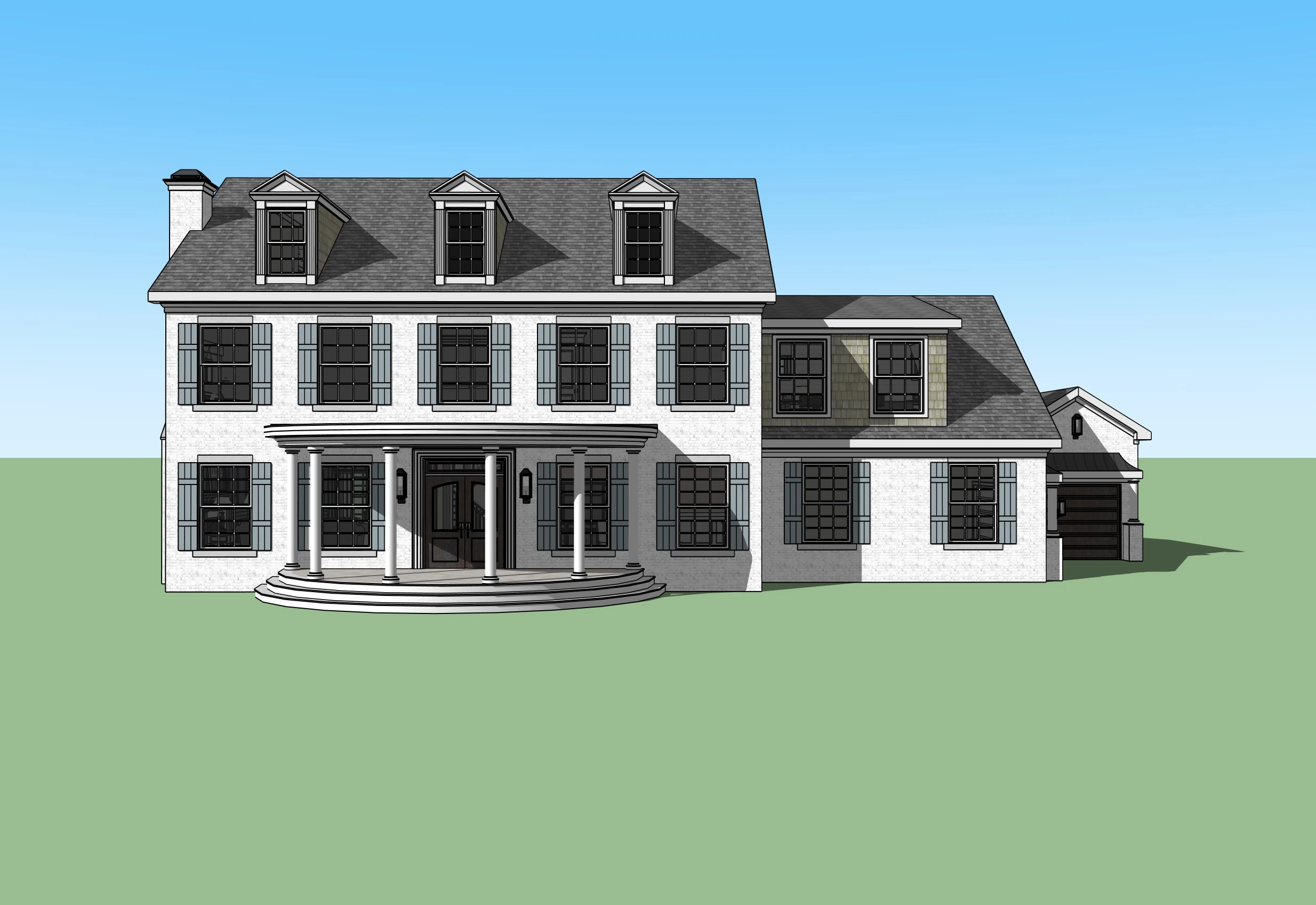 Original sketch — Traditional residential elevation transformed into a photorealistic brick house render with shutters, dormer windows and evening light