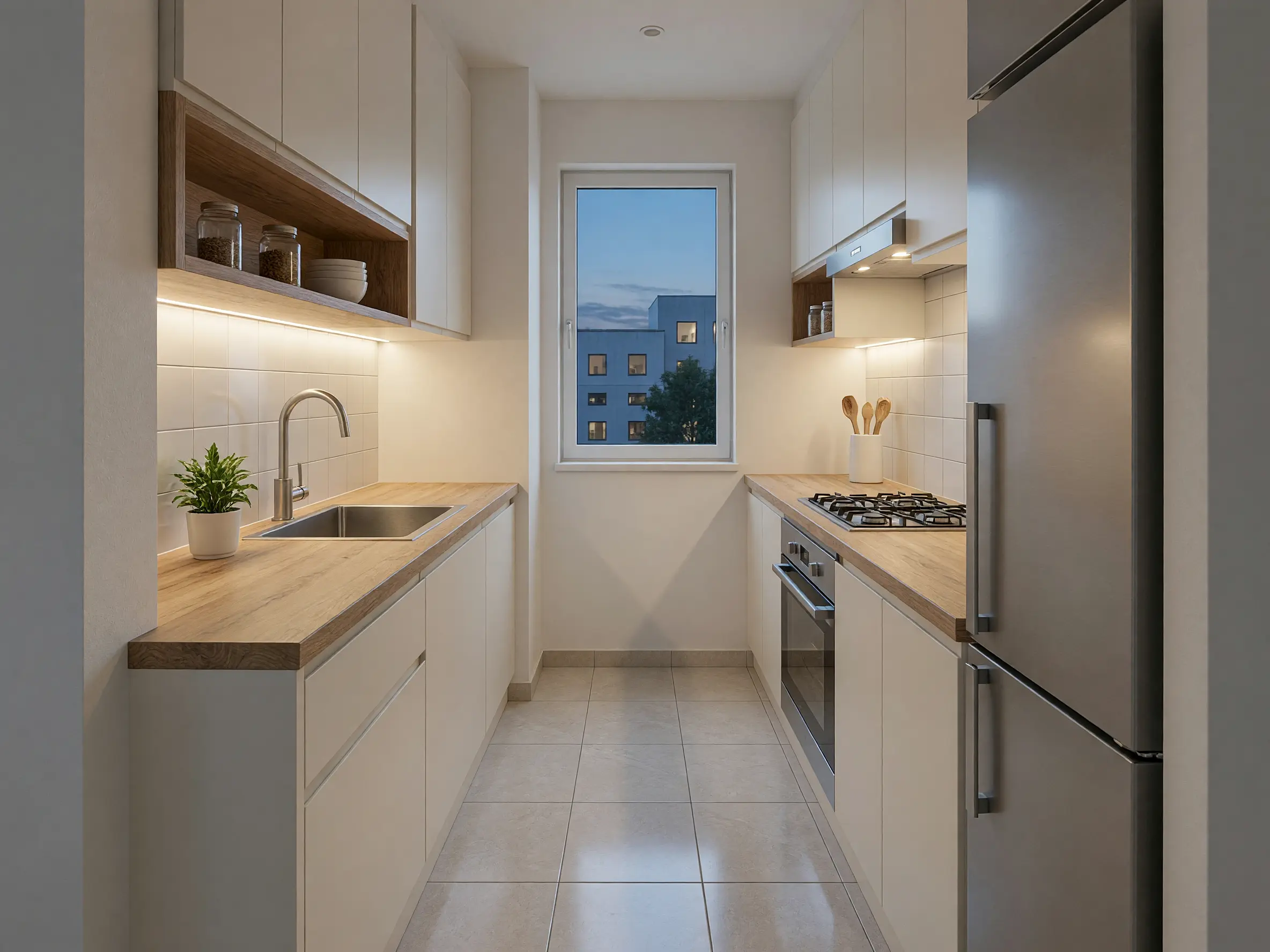 Compact galley kitchen render with white cabinets, wood countertops and integrated task lighting