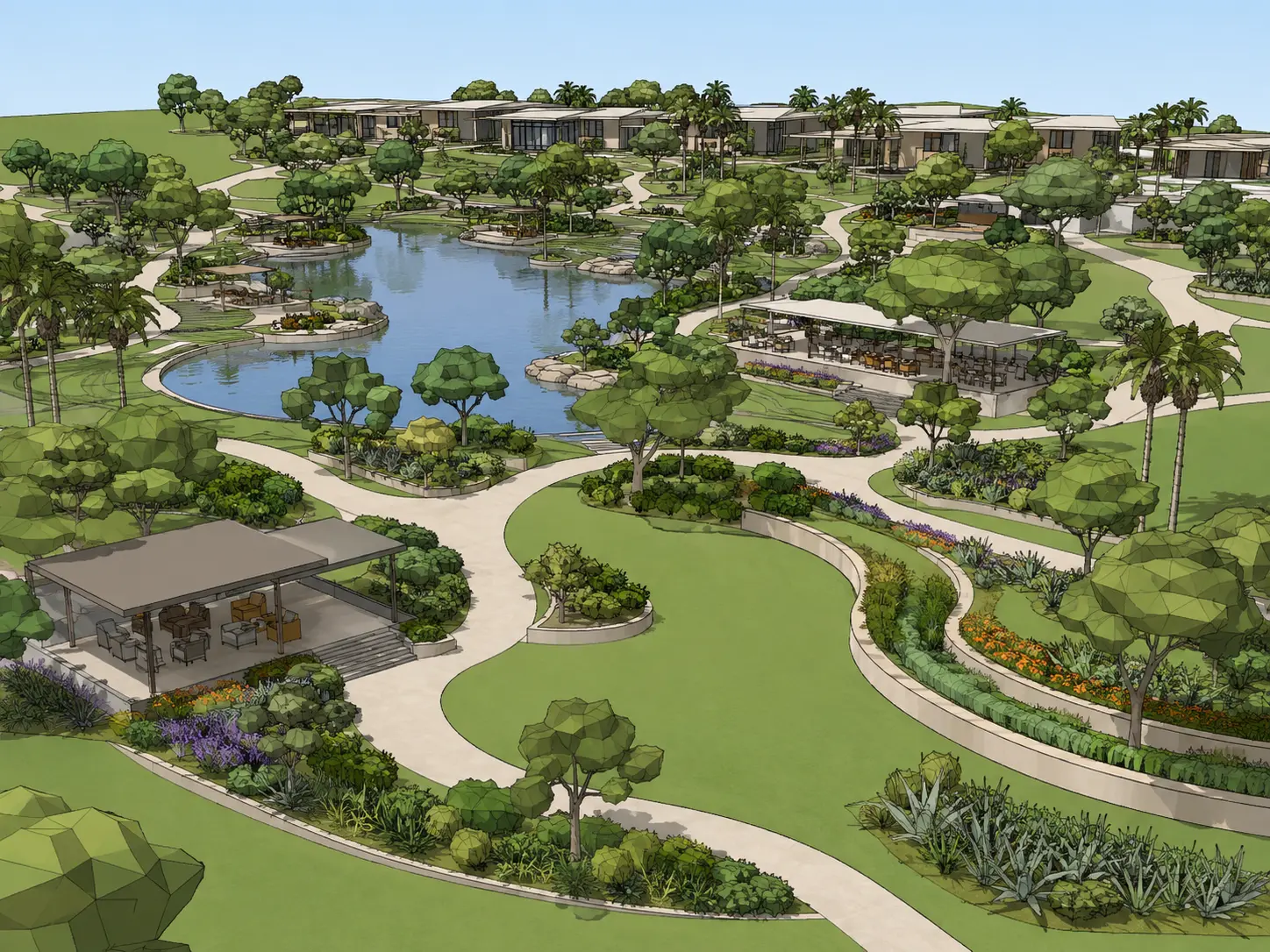 Original sketch — Large landscape concept rendered into a photorealistic resort garden with lake, pavilions and winding paths