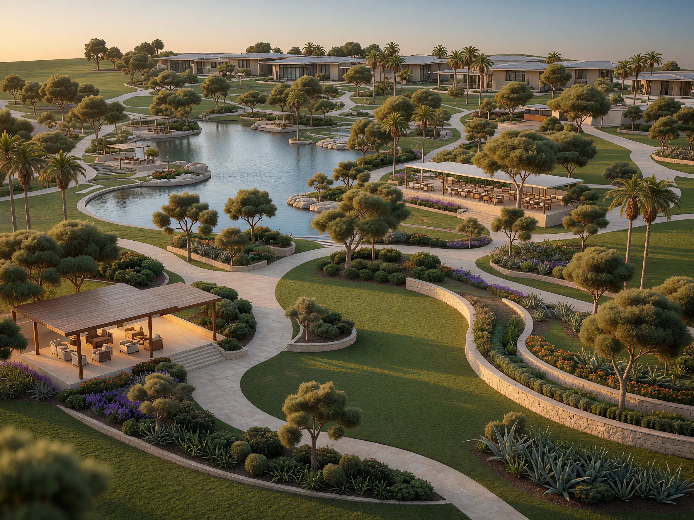 Large landscape concept rendered into a photorealistic resort garden with lake, pavilions and winding paths