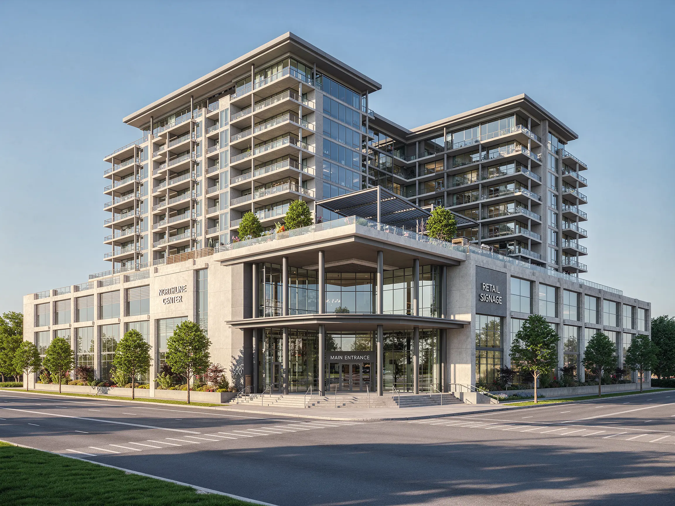 Architectural CAD perspective turned into a photorealistic mixed-use building exterior render with AI