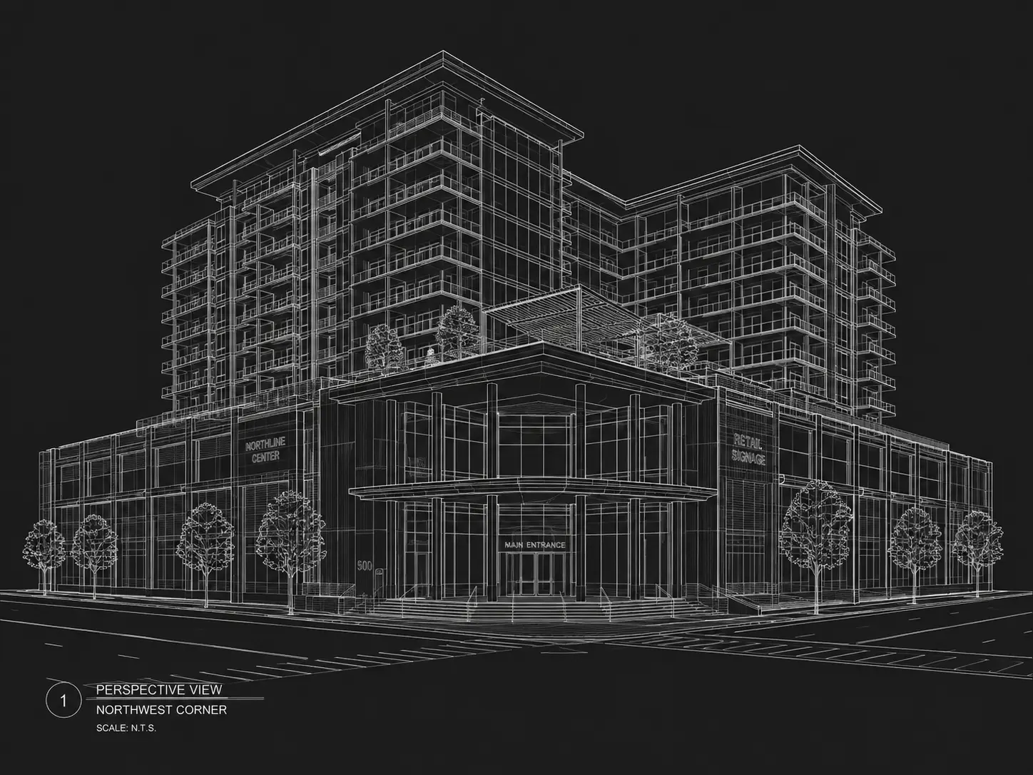 Original sketch — Architectural CAD perspective turned into a photorealistic mixed-use building exterior render with AI