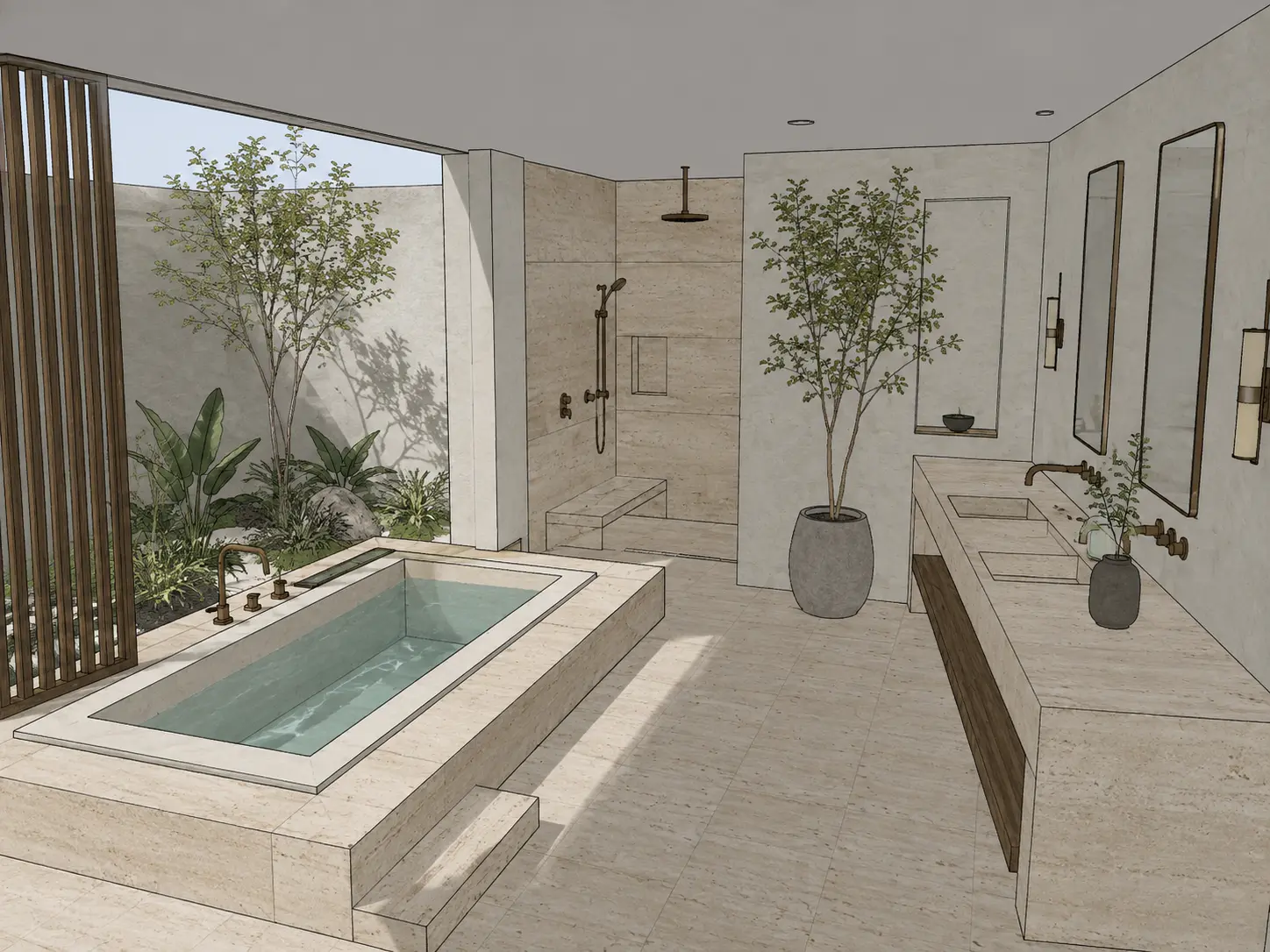 Original sketch — Courtyard bathroom model rendered into a bright interior with a plunge bath, double vanity and natural stone finishes