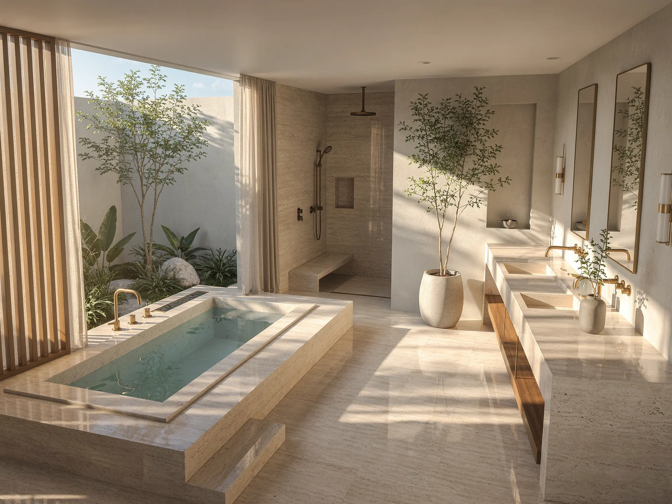 Courtyard bathroom model rendered into a bright interior with a plunge bath, double vanity and natural stone finishes