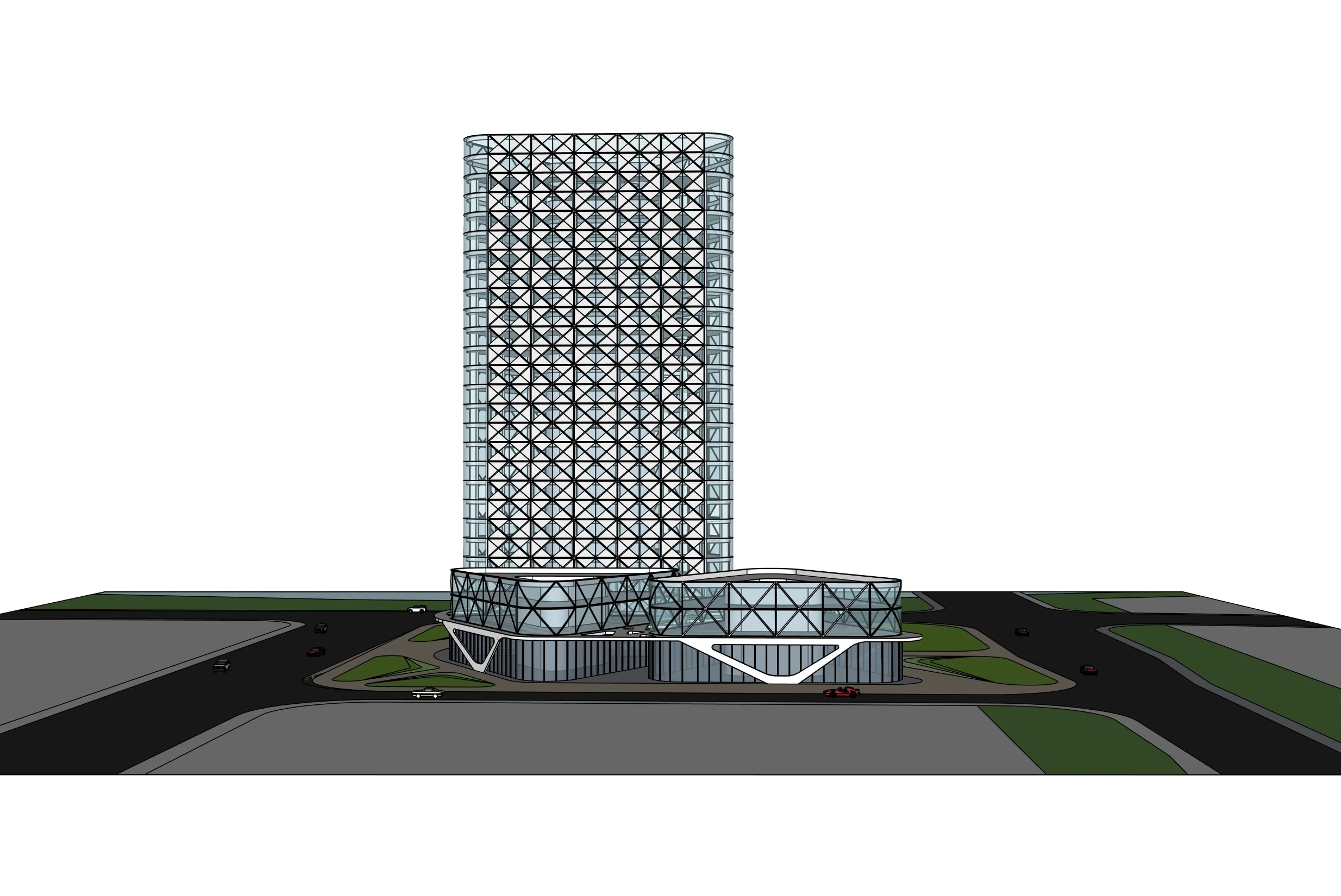 Original sketch — High-rise tower elevation transformed into a photorealistic architectural render with glass facade, landscape and sunset lighting