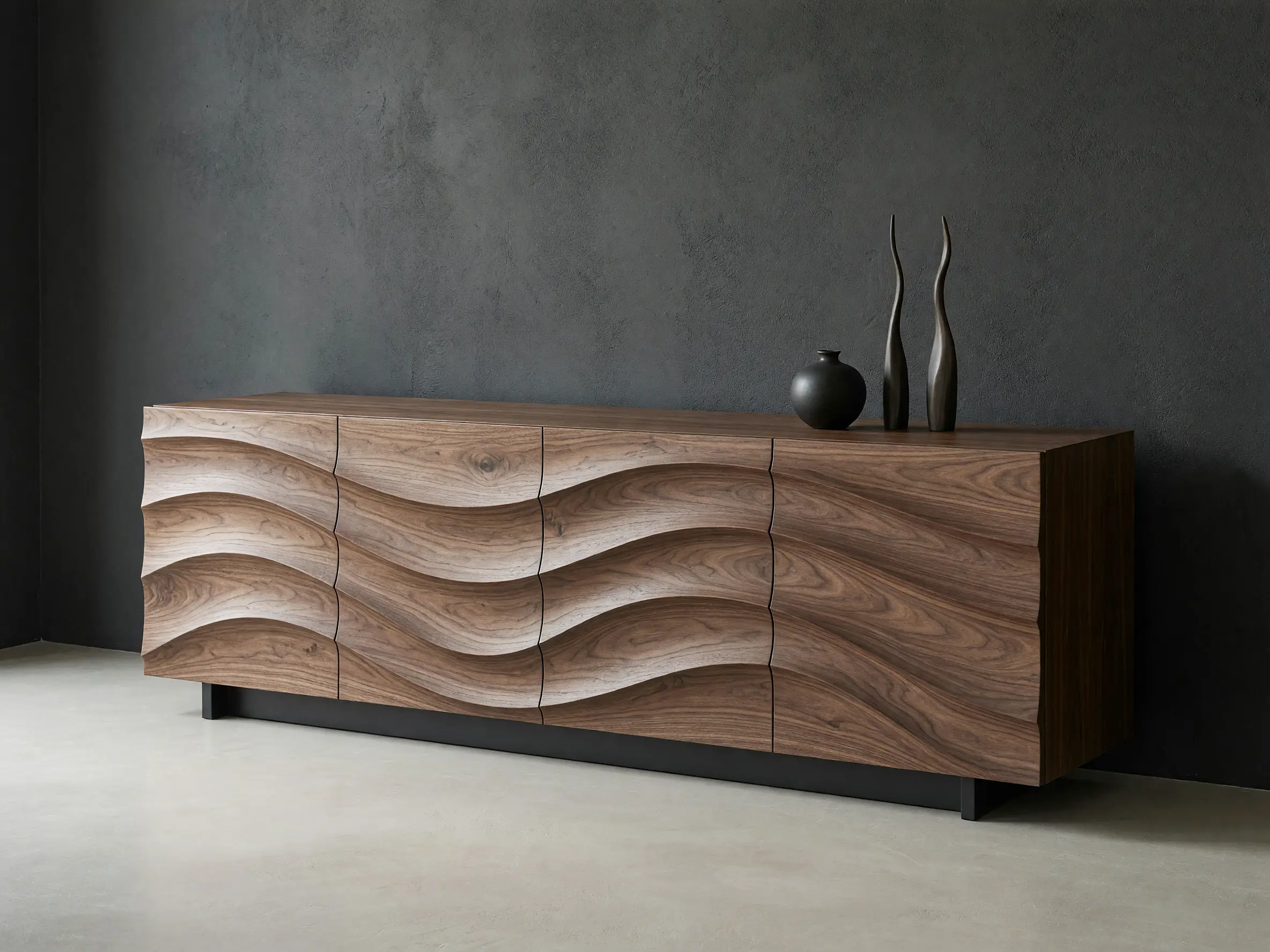 Sculpted wooden sideboard model transformed into a photorealistic furniture render with expressive walnut grain and wave-front drawers