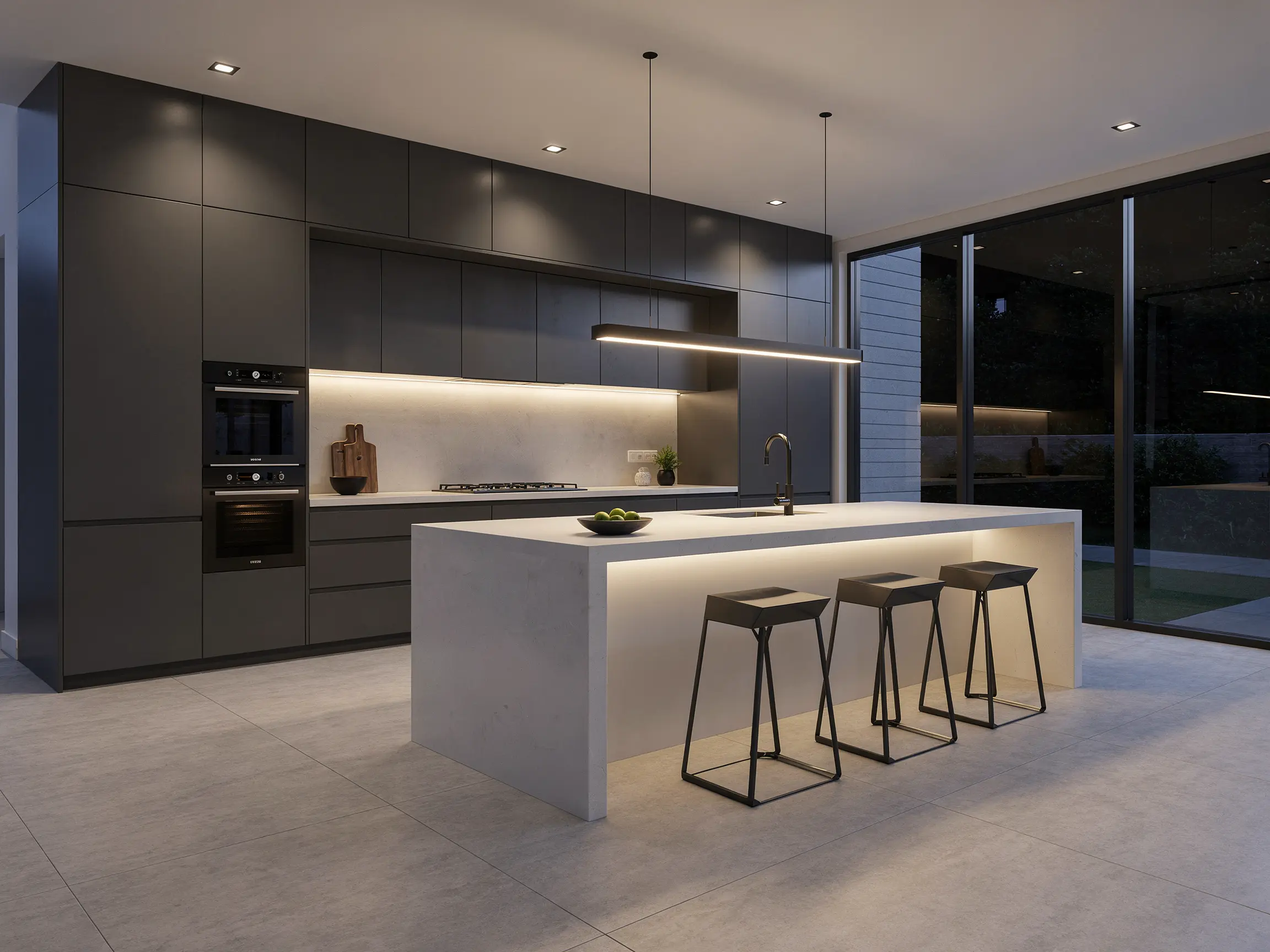 Dark modern kitchen render with charcoal cabinetry, a white island and sleek linear lighting