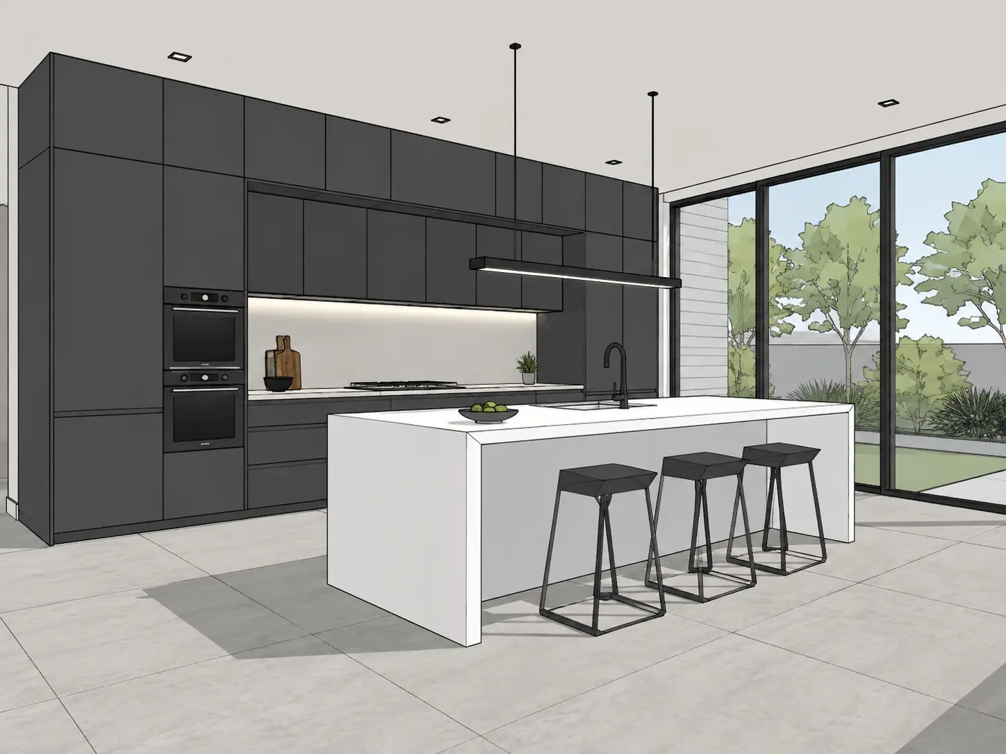 Original sketch — Dark modern kitchen render with charcoal cabinetry, a white island and sleek linear lighting