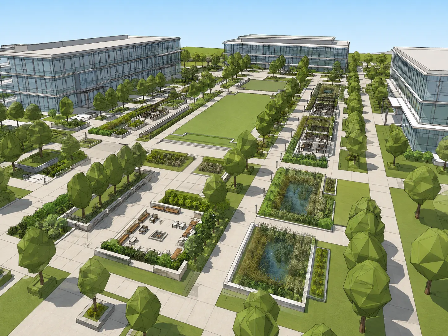 Original sketch — Office campus landscape model transformed into a realistic courtyard render with lawns, water features and plazas