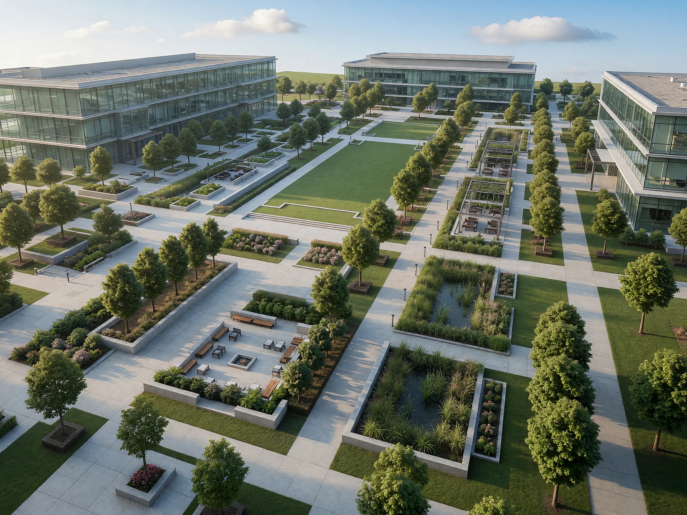 Office campus landscape model transformed into a realistic courtyard render with lawns, water features and plazas