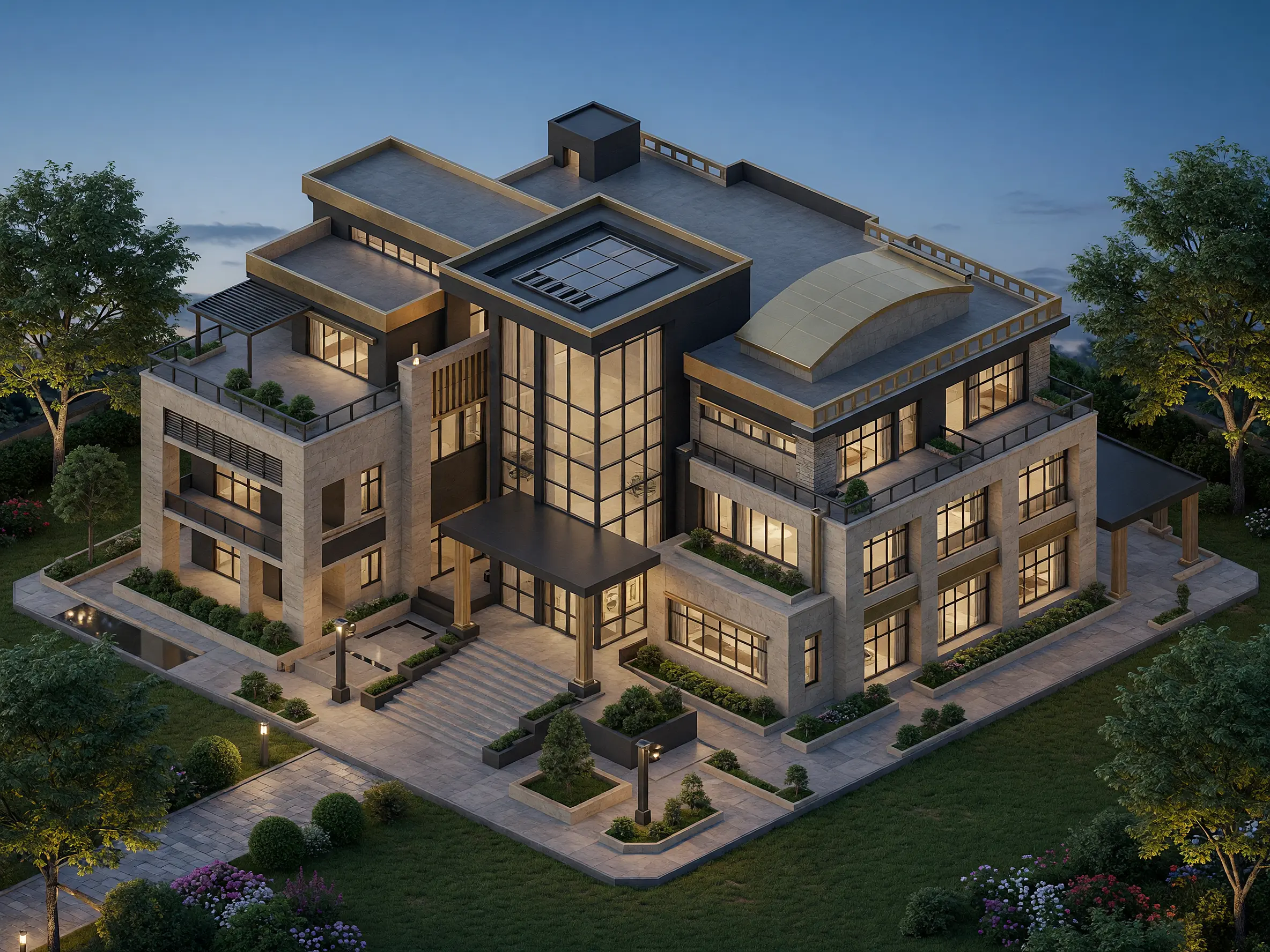Detailed CAD model view transformed into a realistic architectural exterior with materials, lighting and landscape