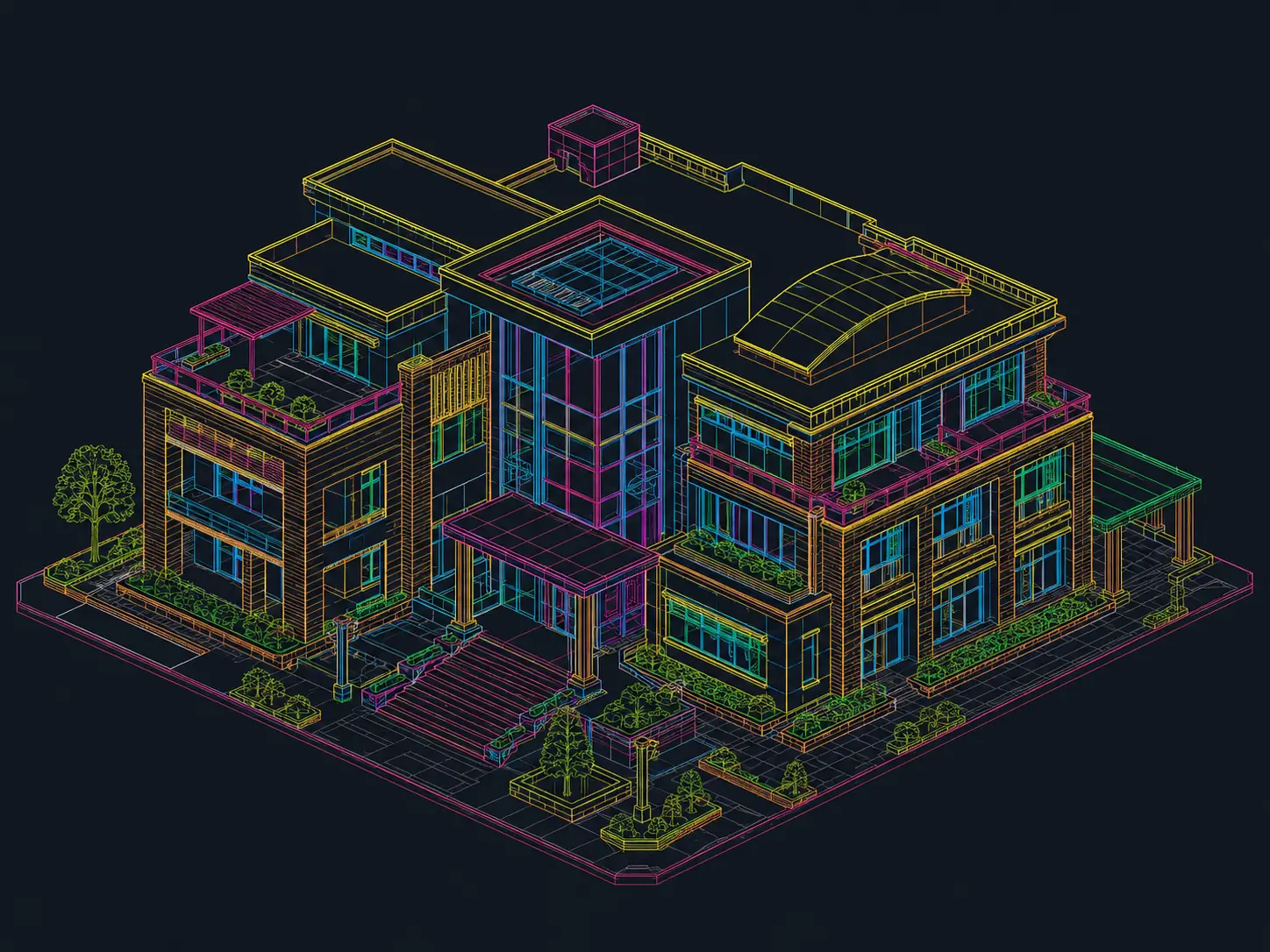 Original sketch — Detailed CAD model view transformed into a realistic architectural exterior with materials, lighting and landscape