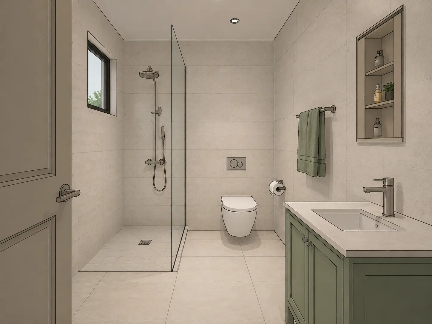 Original sketch — Small bathroom model rendered into a realistic walk-in shower with a sage green vanity, stone-look tiles and natural daylight