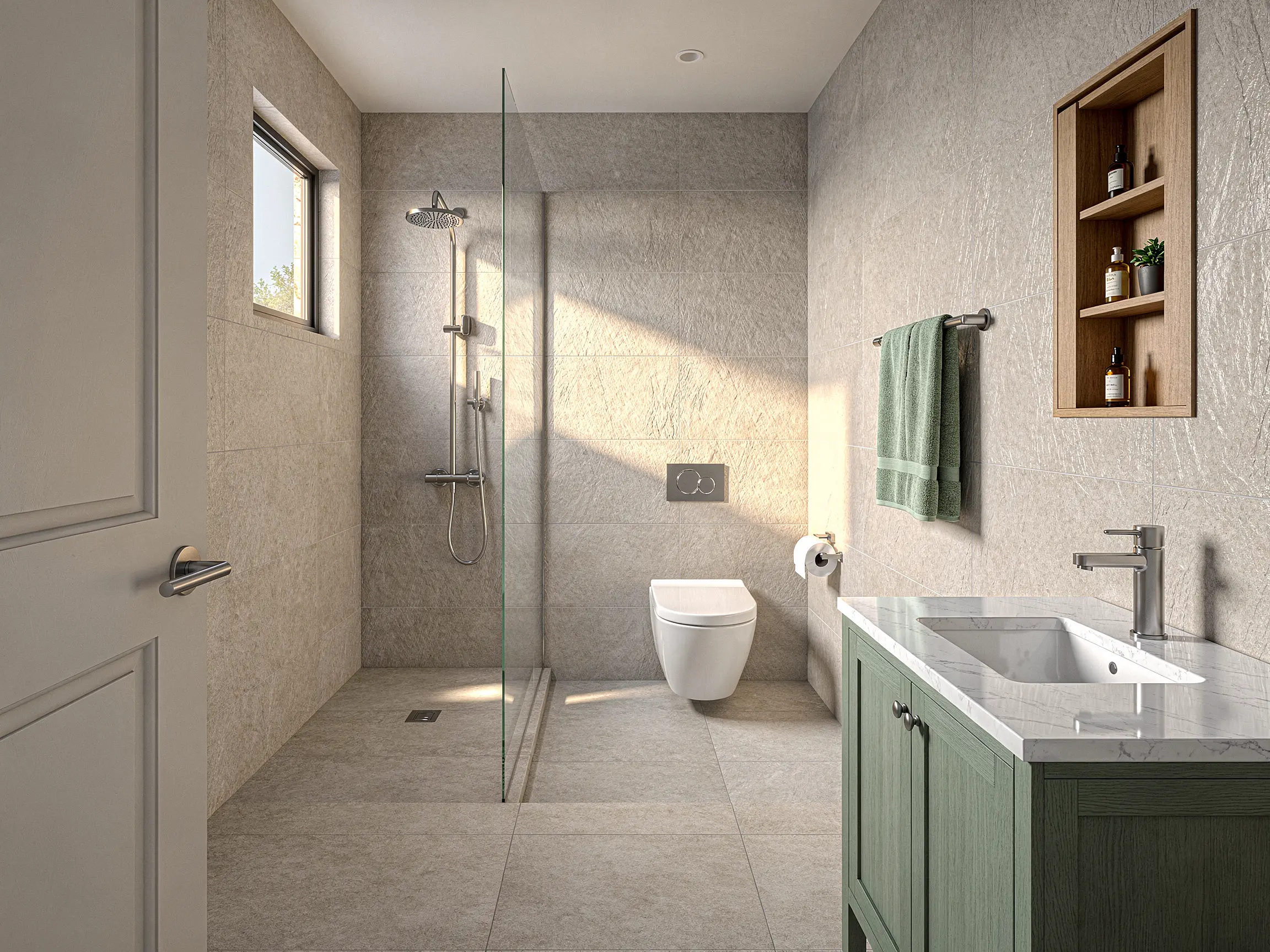 Small bathroom model rendered into a realistic walk-in shower with a sage green vanity, stone-look tiles and natural daylight
