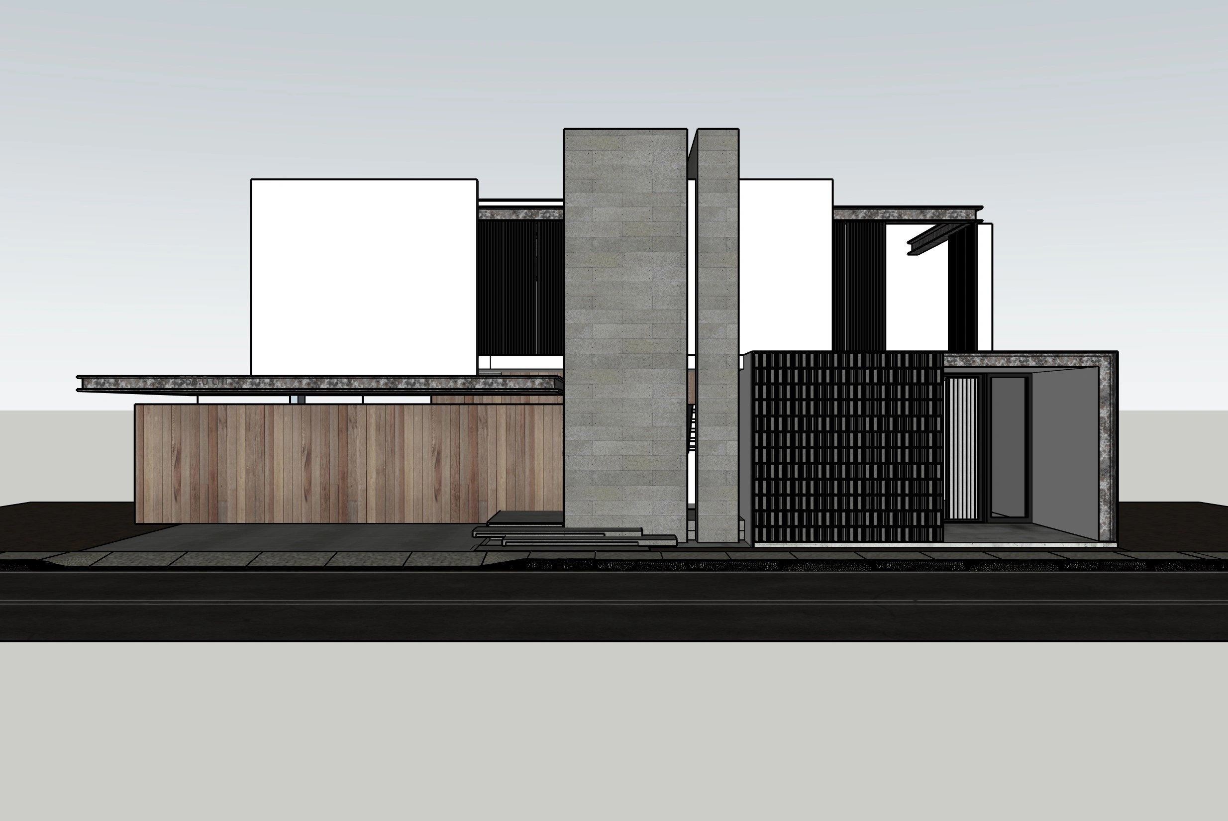 Original sketch — Contemporary house elevation transformed into a dramatic photorealistic exterior render with dark stone, timber cladding and wet-street reflections