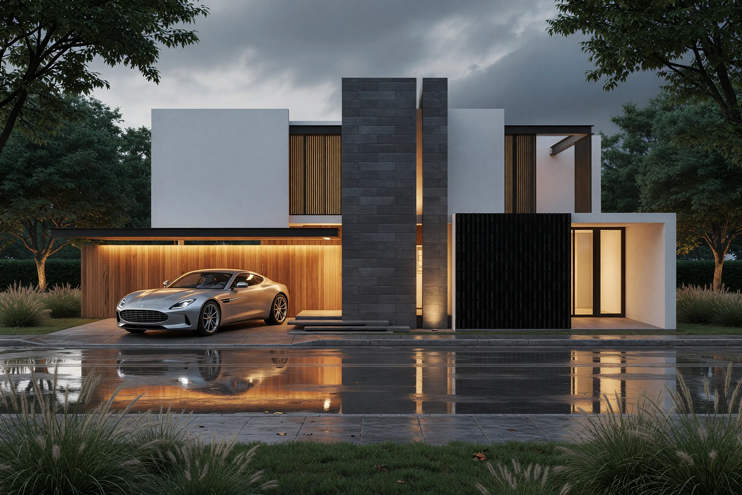 Contemporary house elevation transformed into a dramatic photorealistic exterior render with dark stone, timber cladding and wet-street reflections