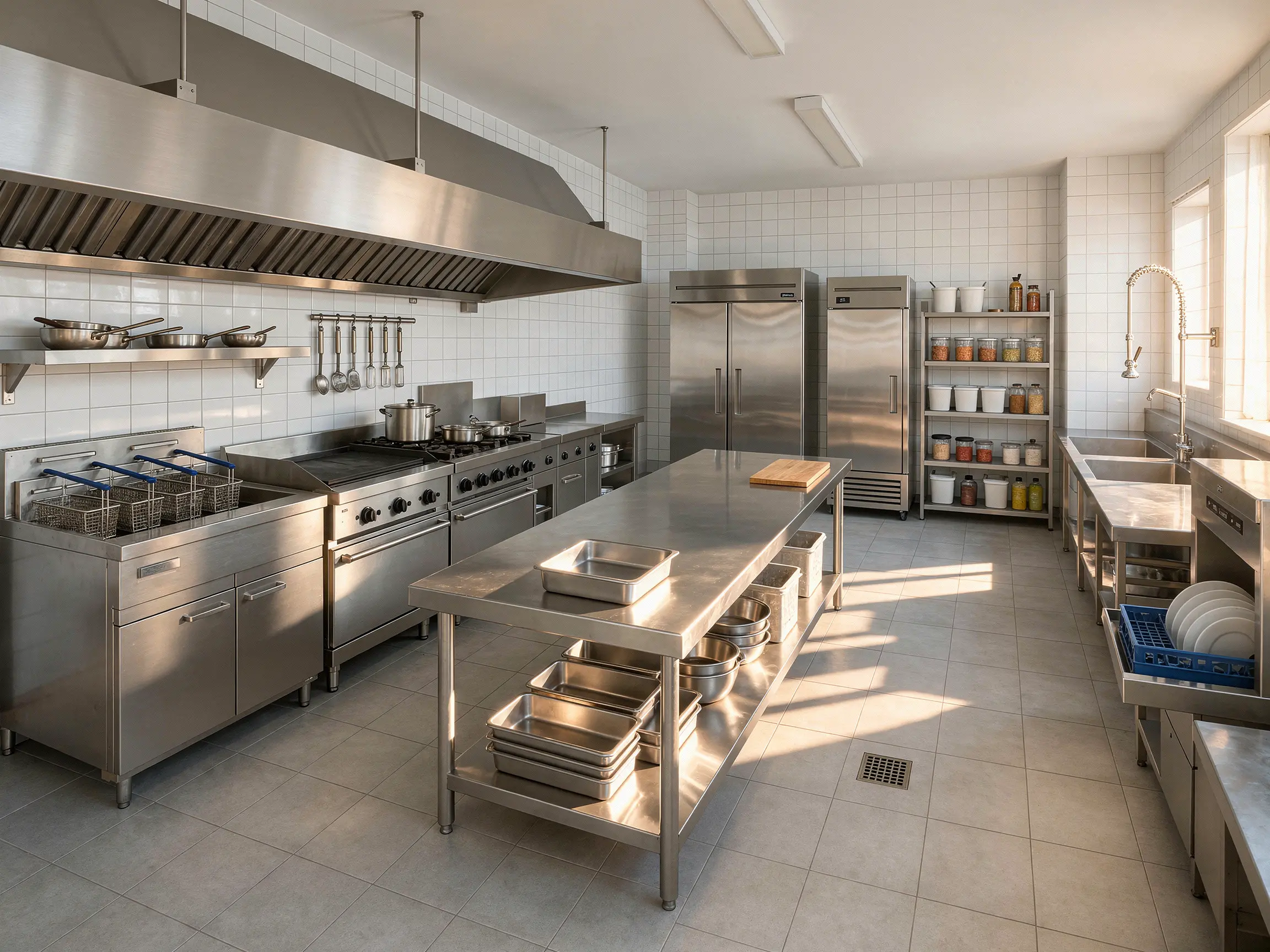 Commercial kitchen render with stainless-steel prep counters, professional appliances and tiled walls