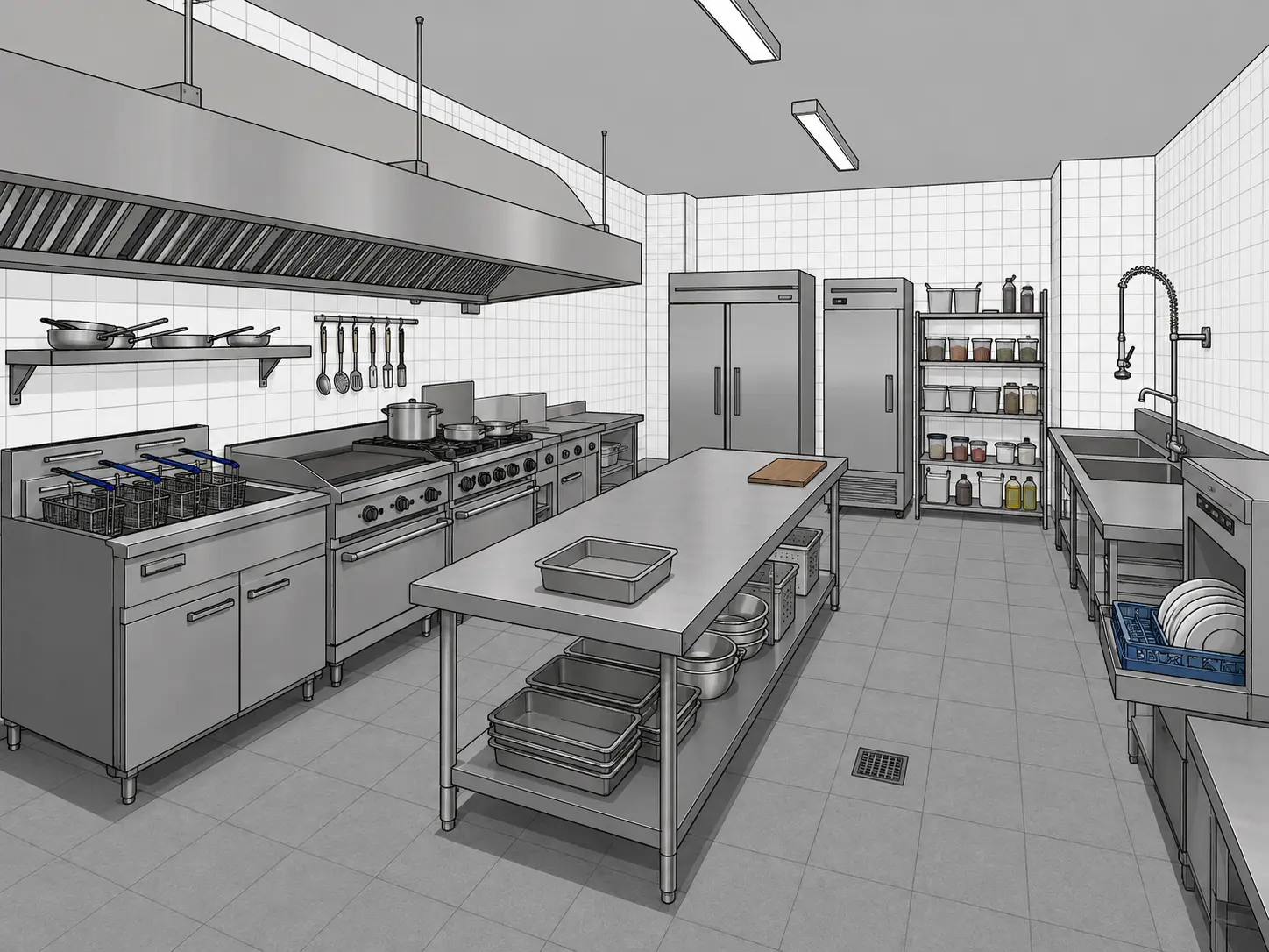 Original sketch — Commercial kitchen render with stainless-steel prep counters, professional appliances and tiled walls