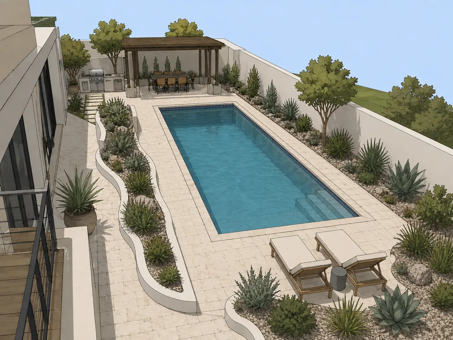 Original sketch — Pool terrace concept turned into a photorealistic backyard pool render with pergola dining and desert planting