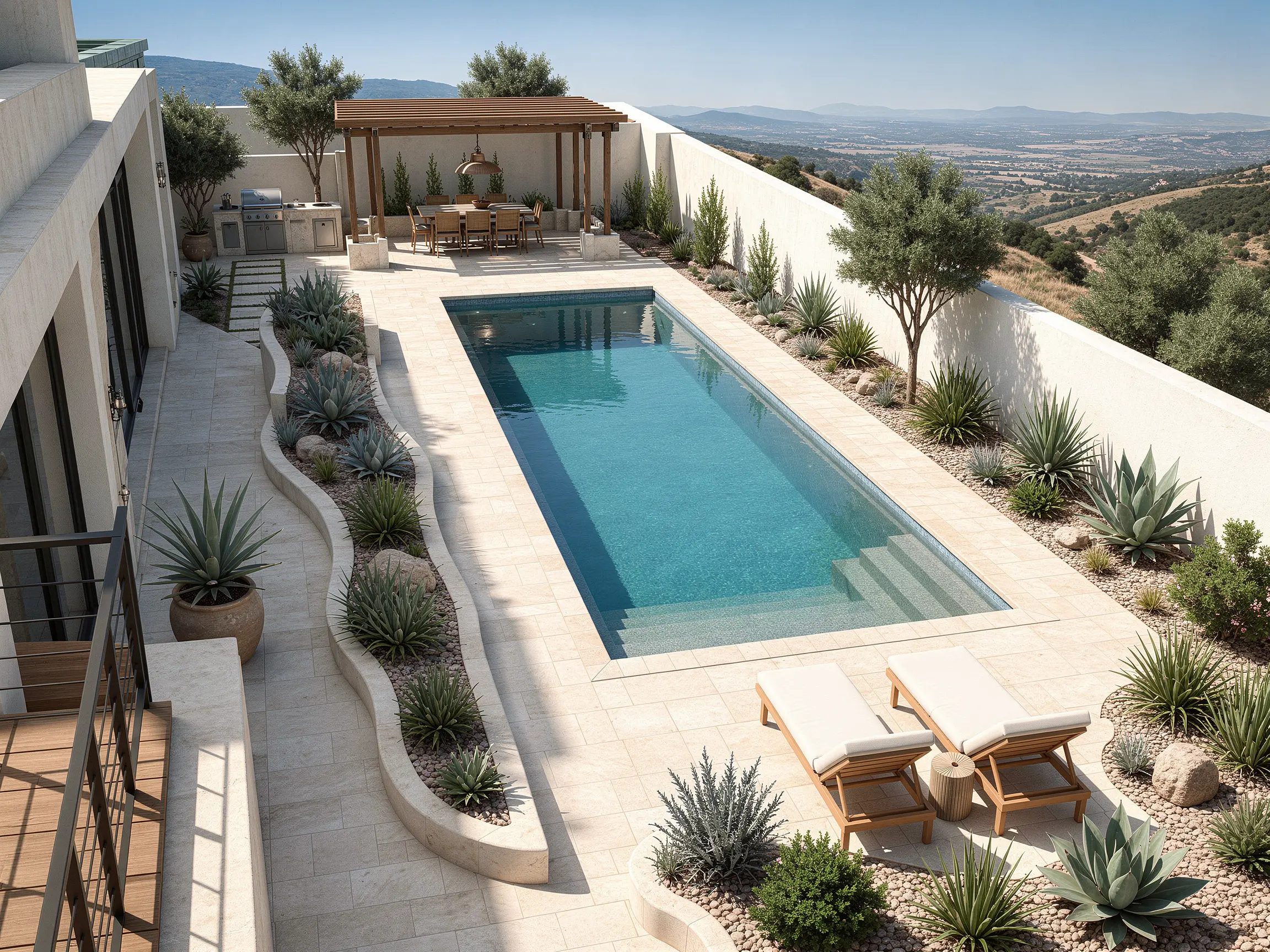 Pool terrace concept turned into a photorealistic backyard pool render with pergola dining and desert planting