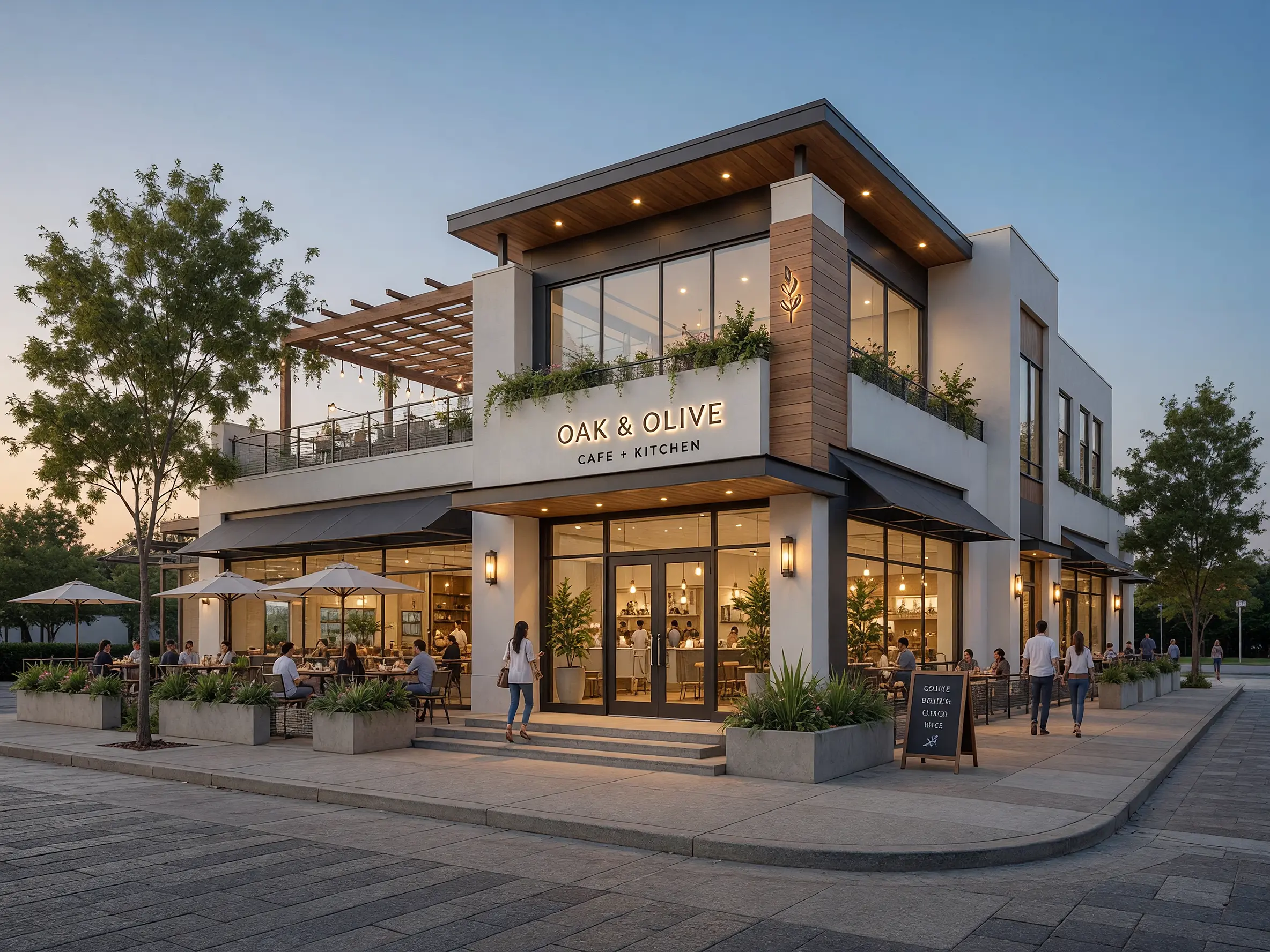 Architectural concept sketch turned into a photorealistic café exterior with lighting, landscaping and street context