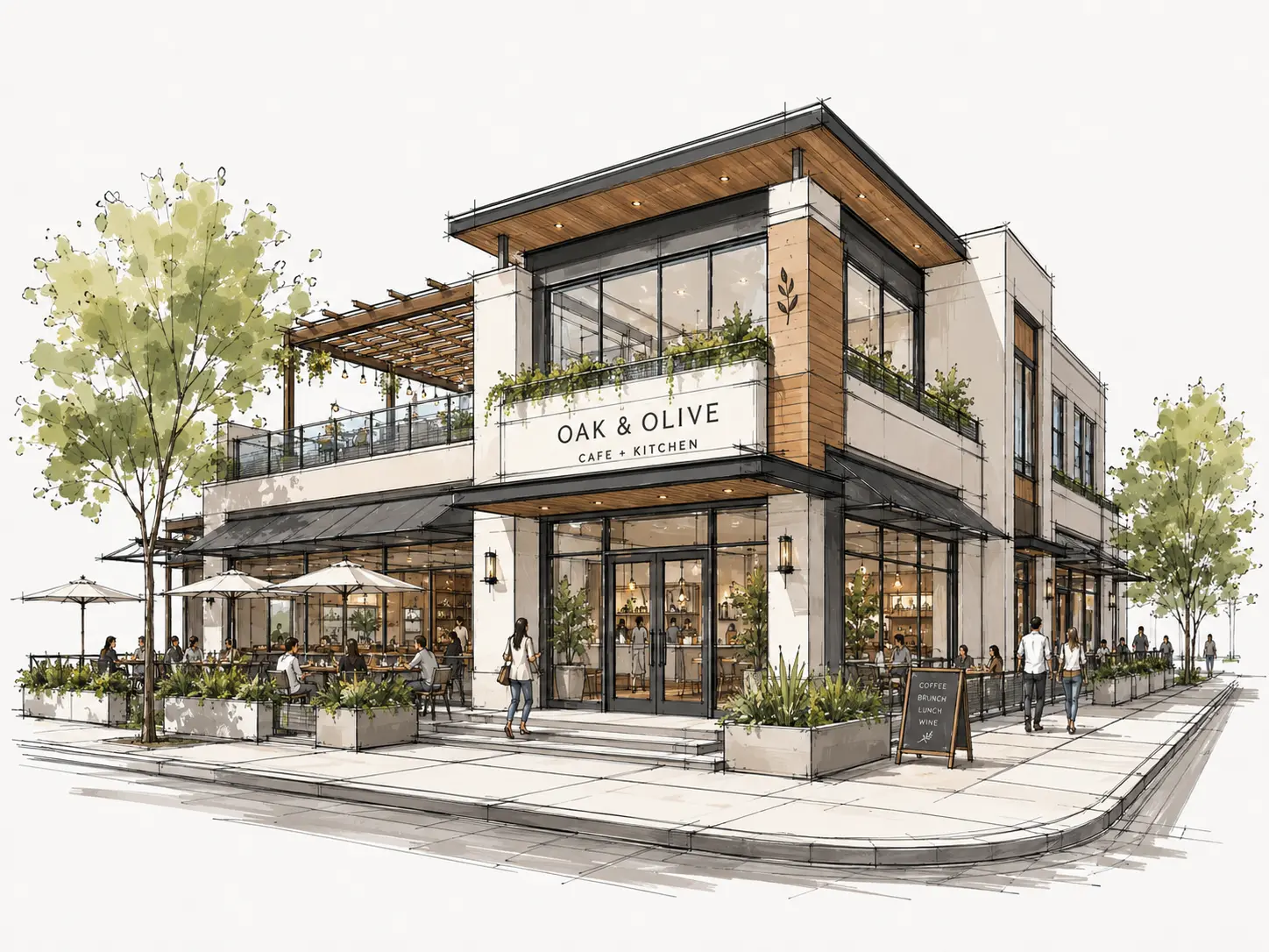 Original sketch — Architectural concept sketch turned into a photorealistic café exterior with lighting, landscaping and street context