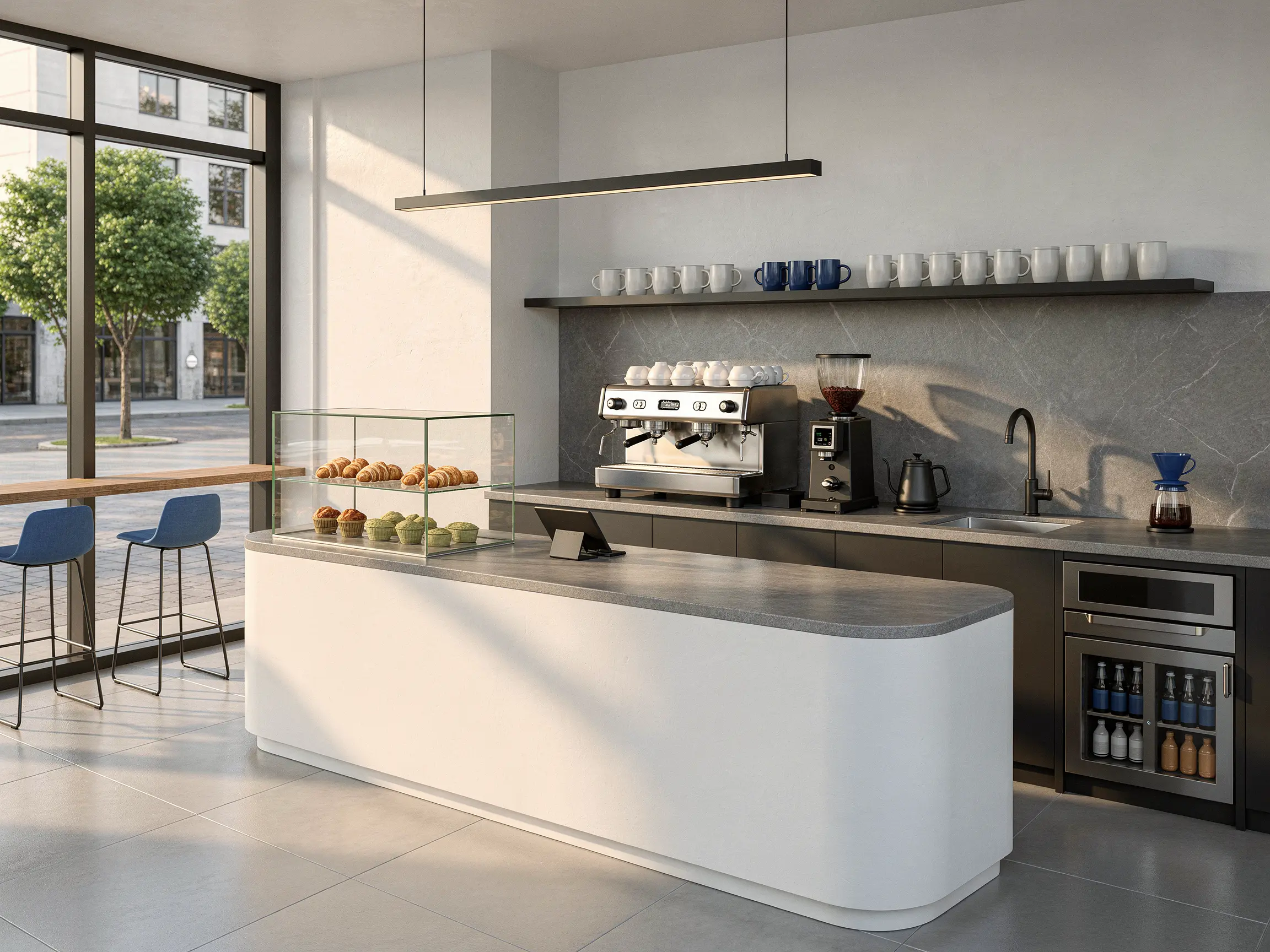 Cafe coffee bar render with a curved counter, espresso station and pastry display