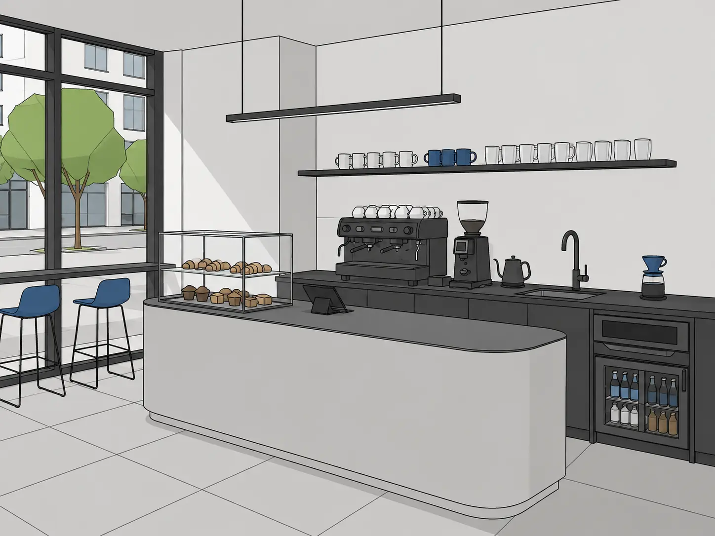 Original sketch — Cafe coffee bar render with a curved counter, espresso station and pastry display