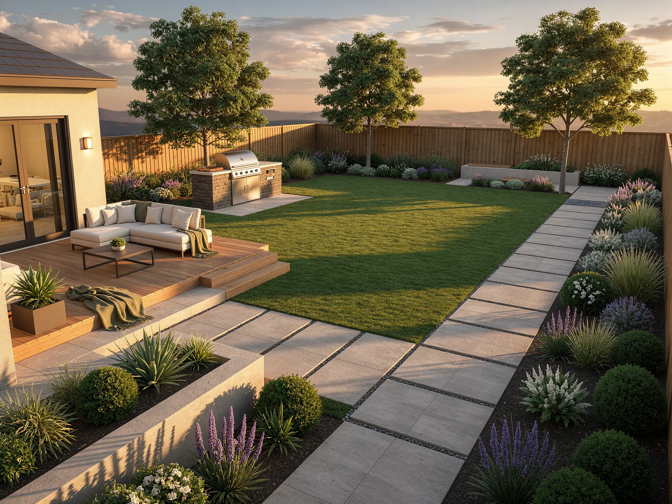 Backyard landscape design transformed into a realistic garden render with lawn, deck seating and a built-in grill