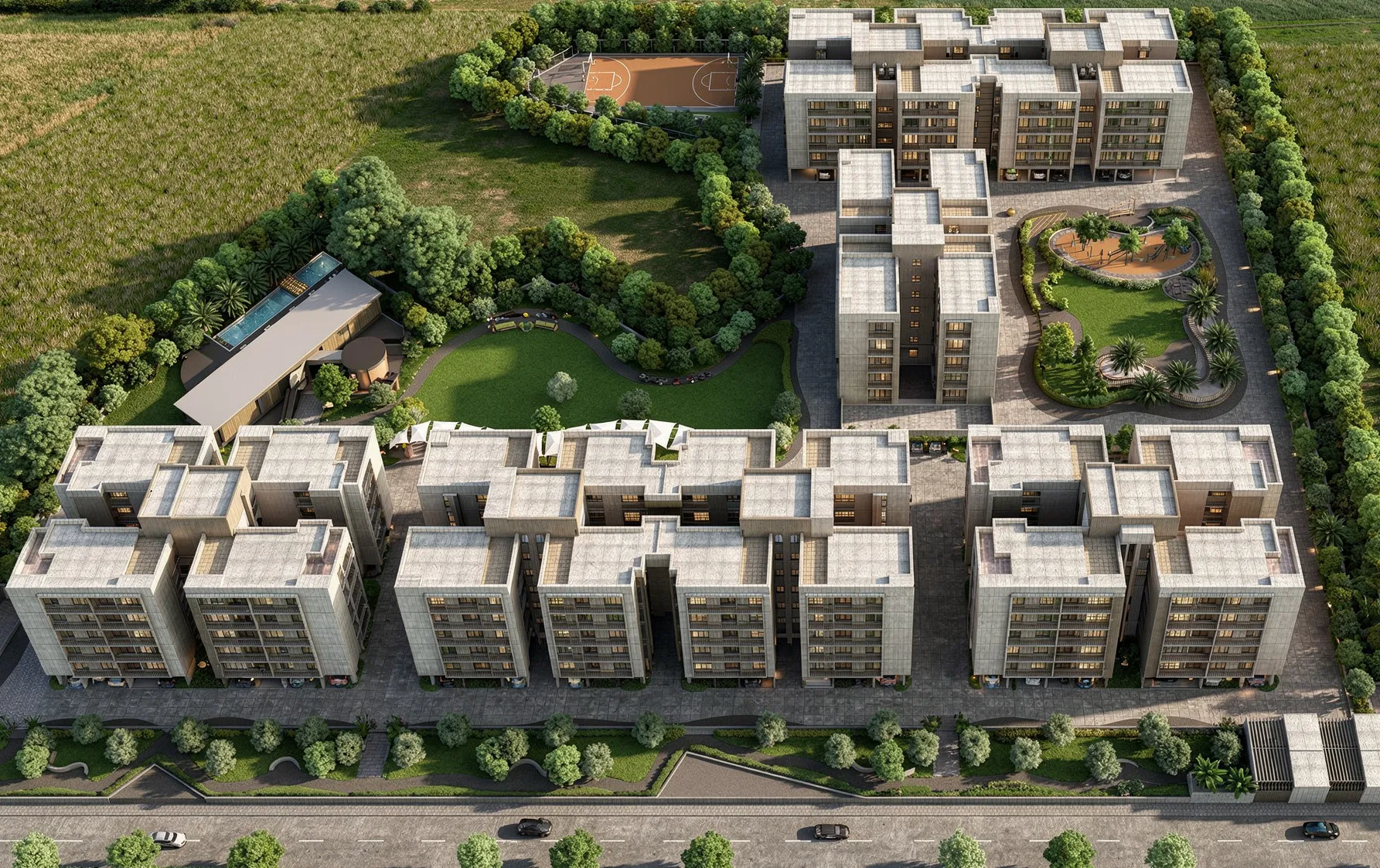 Urban 3D site plan rendering showing streets, building blocks and landscape