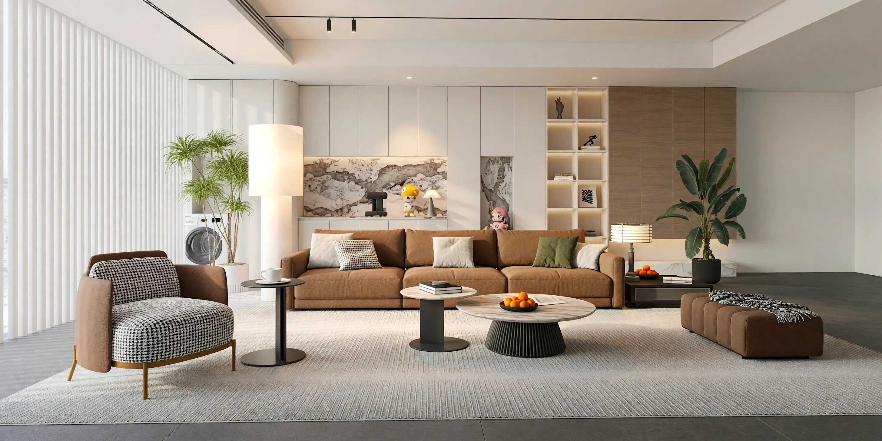 A photorealistic render of a modern living room created with Vibe3D.
