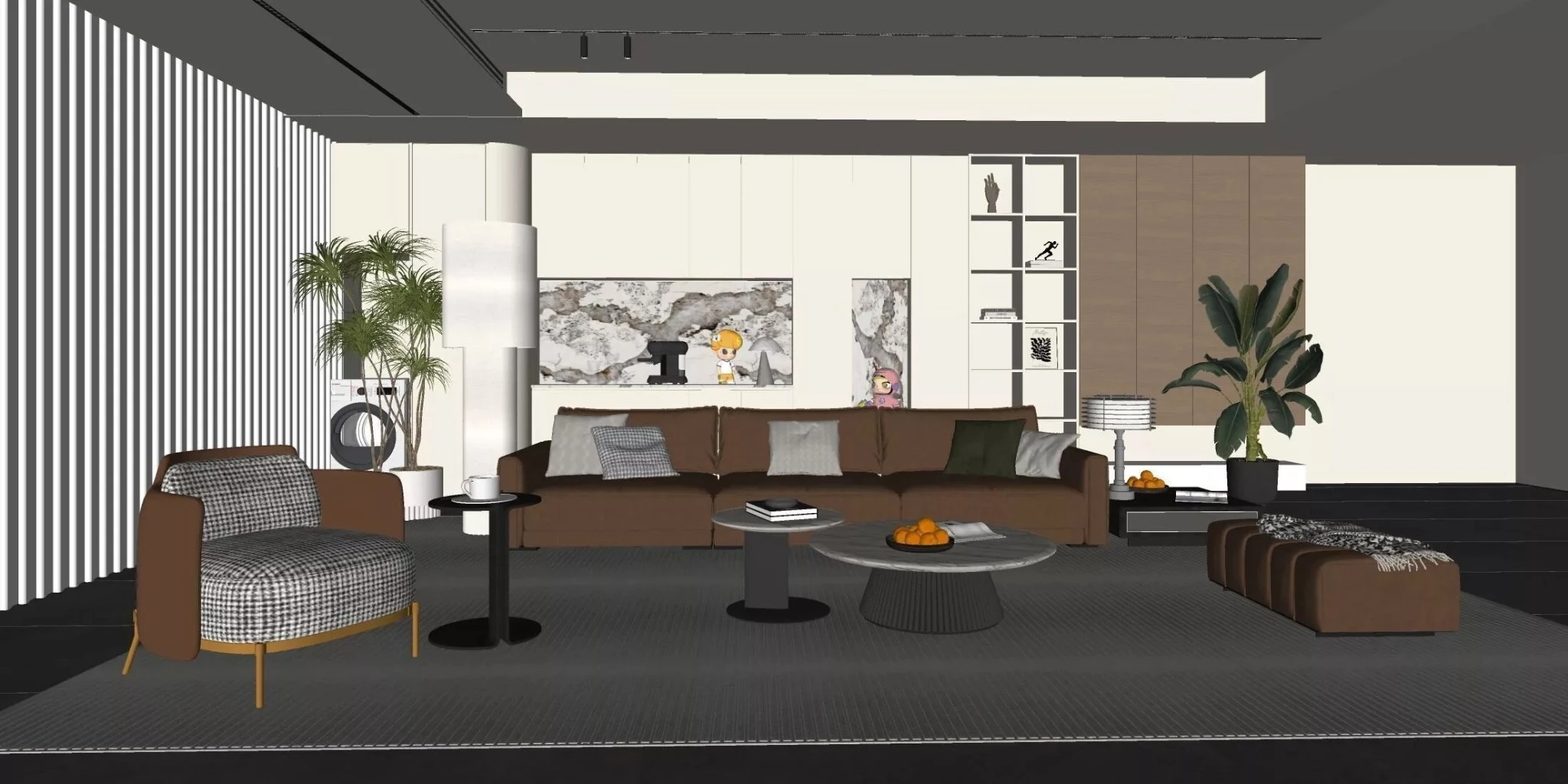 A 3D model of a modern interior showing realistic wood textures on furniture.