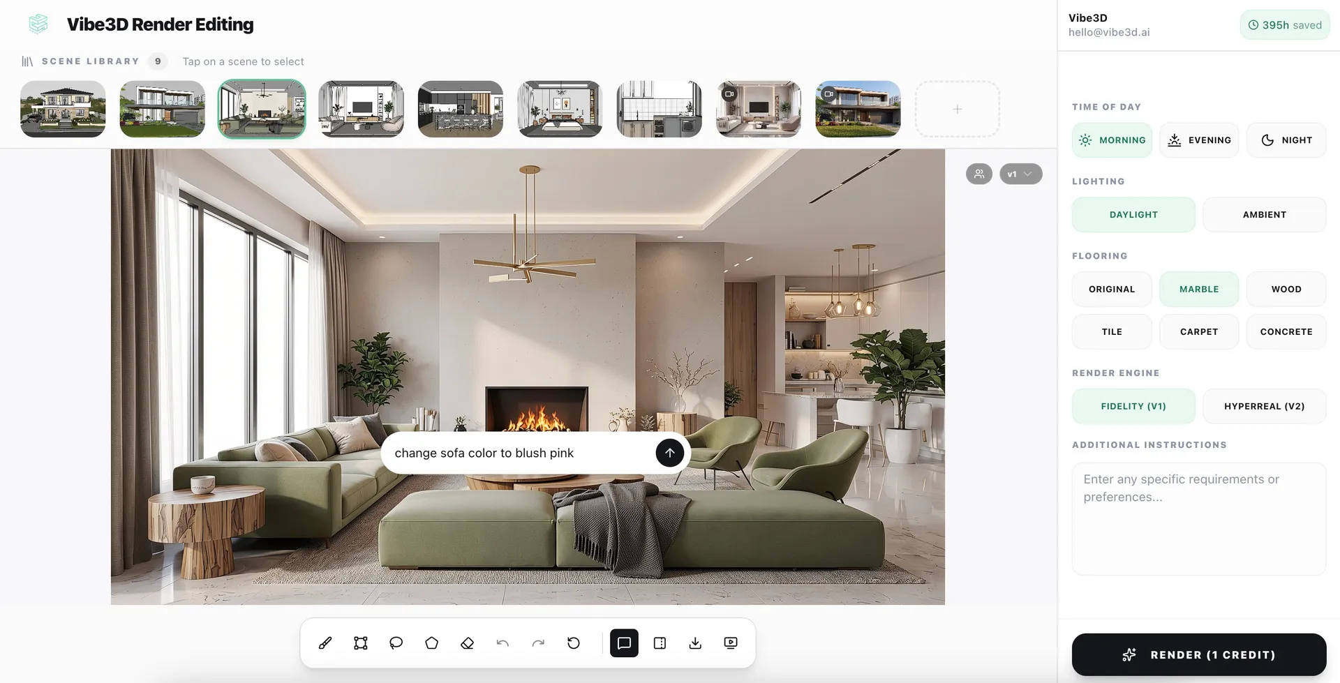 AI render editing interface with comment-based editing and version history