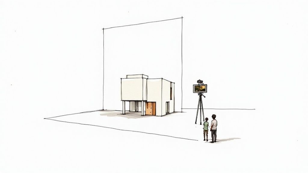 A photorealistic 3D architectural render of a modern house exterior at dusk, with warm interior lights and a sleek design.