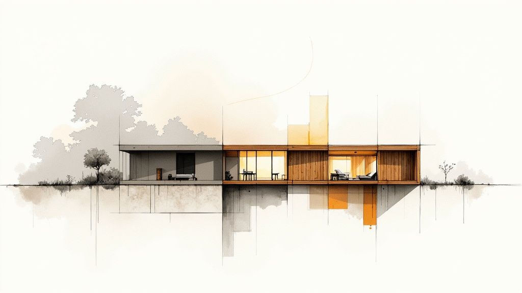 A beautifully lit 3D architectural rendering of a modern living room at dusk.