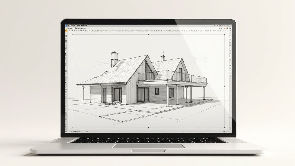 A clean 3D architectural model being prepared on a computer screen.