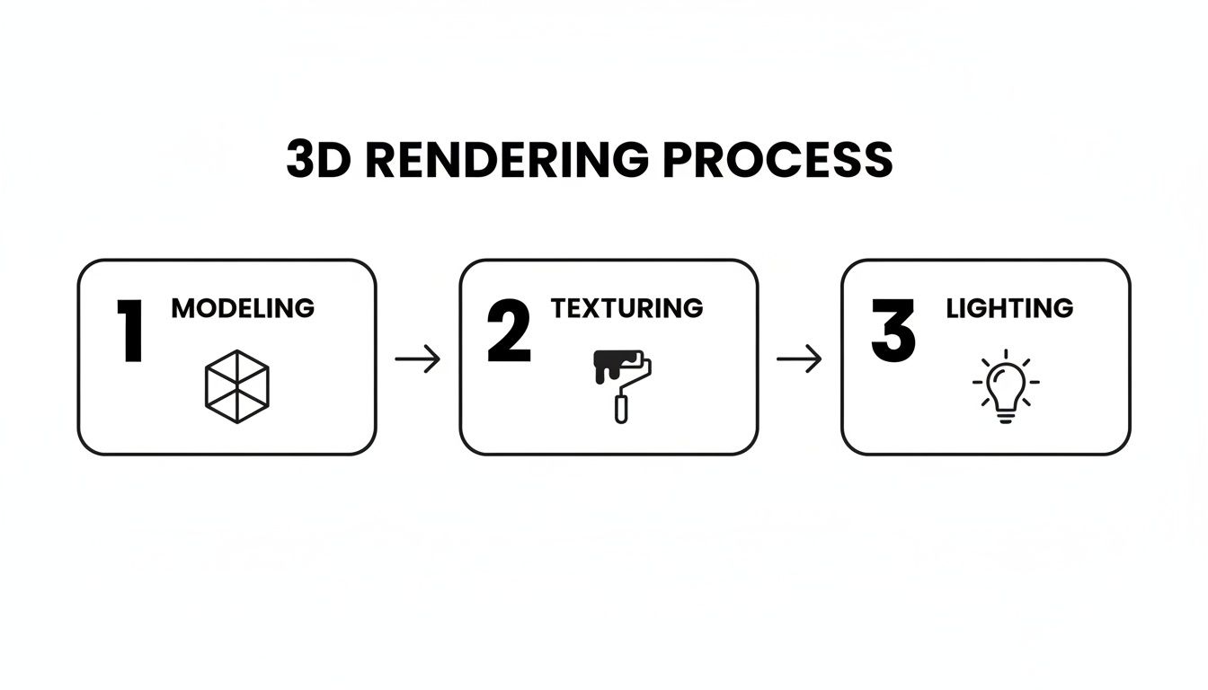 A clear flowchart outlining the 3D rendering process, featuring modeling, texturing, and lighting stages.