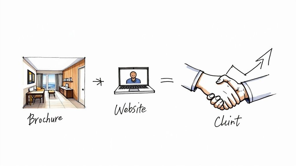 A visual explanation: brochure leads to website, which equals client handshake and business growth.