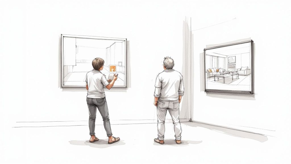Two people in an art gallery viewing interior design renderings, one using a tablet for augmented reality.