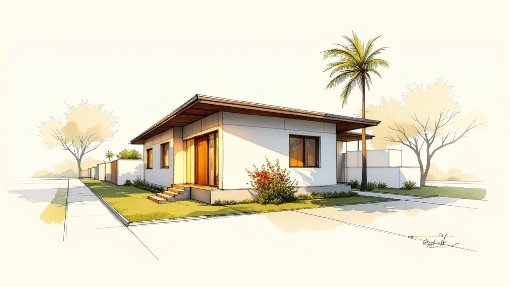 A photorealistic 3d rendering house exterior with warm, inviting lighting.