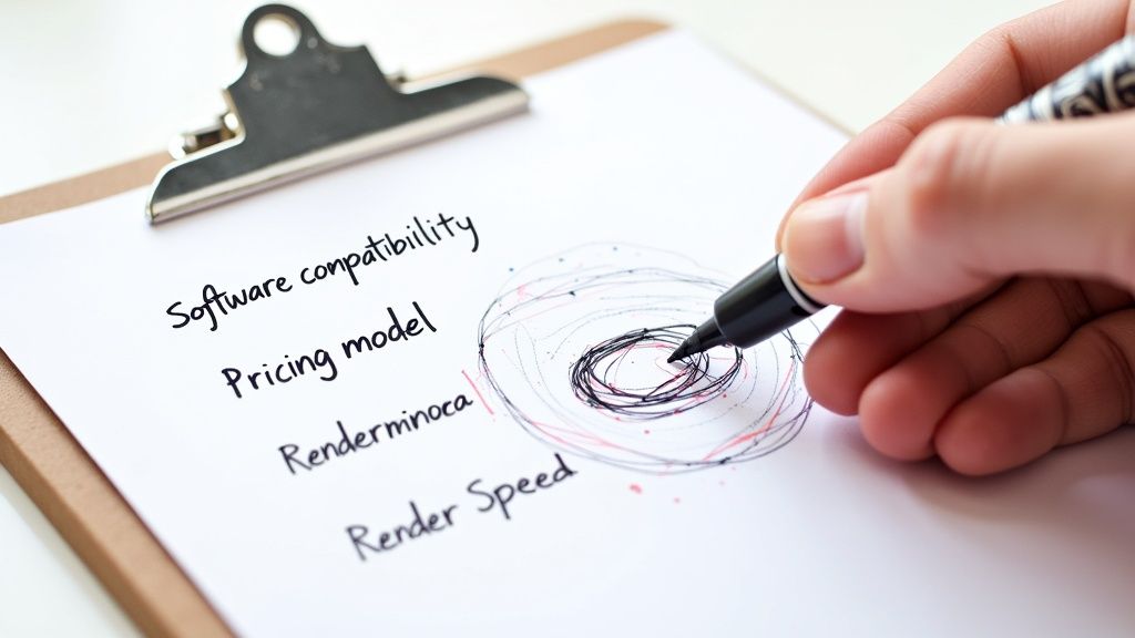 A designer comparing different online rendering service interfaces on a tablet.