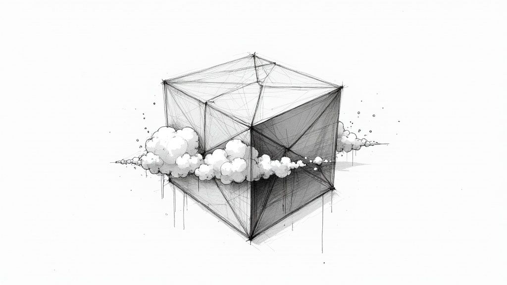 A photorealistic 3D render of a modern, minimalist living room with large windows showing a forest outside