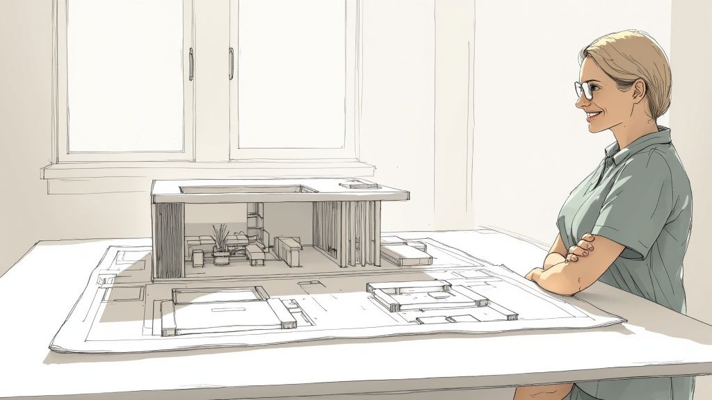 A modern architectural design showcased with 3D visualization, highlighting realistic lighting and textures